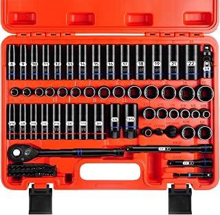 ZHAX 3/8 Inch Drive 12 Point Impact Socket Set, 74 PCS Standard SAE(5/16"- 3/4") & Metric(8-22mm) With Color Ring, Deep & Shallow, 72T Wrench Ratchet Tool Kit,Cr-V With Heavy Duty Storage Case