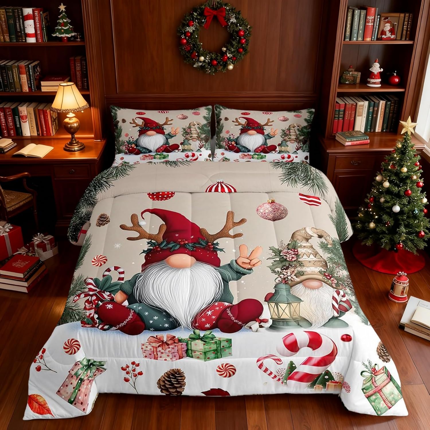 Manfei Pink Gingerbread House Bedding Comforter Sets Twin,Xmas Kawaii Gingerbread Man Candy Bedding Set for Bedroom Decoration,Watercolor Winter Christmas with 1 Comforter and 1 Pillow Case