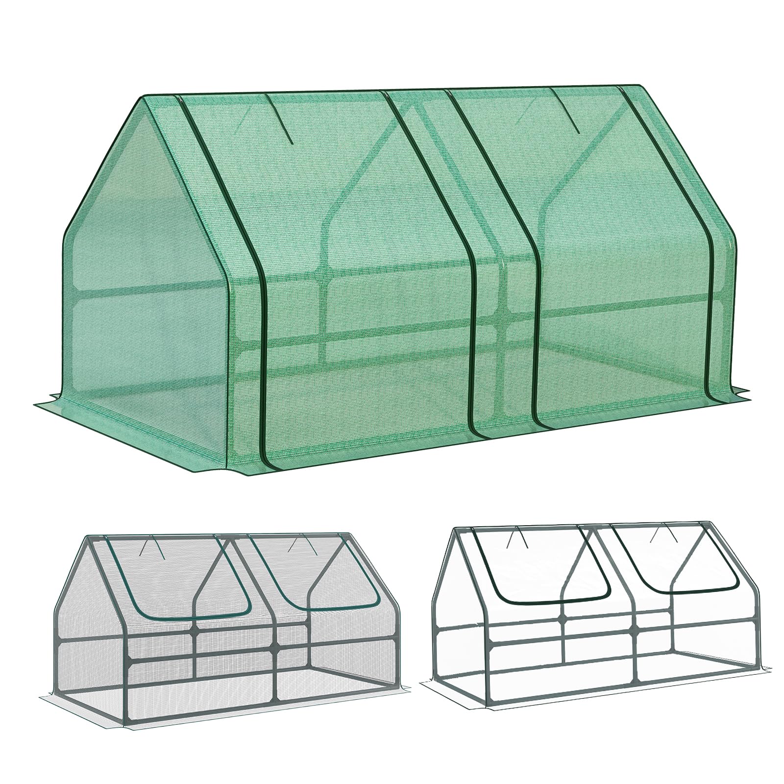 COWVIE 1.8 x 0.9 x 0.9 m Mini Greenhouse (PE & PVC) with 2 Zipper Doors, Water-Resistant, UV-Protected for Flowers, Vegetables, and Herbs, Green & Transparent, Includes 2 Covers