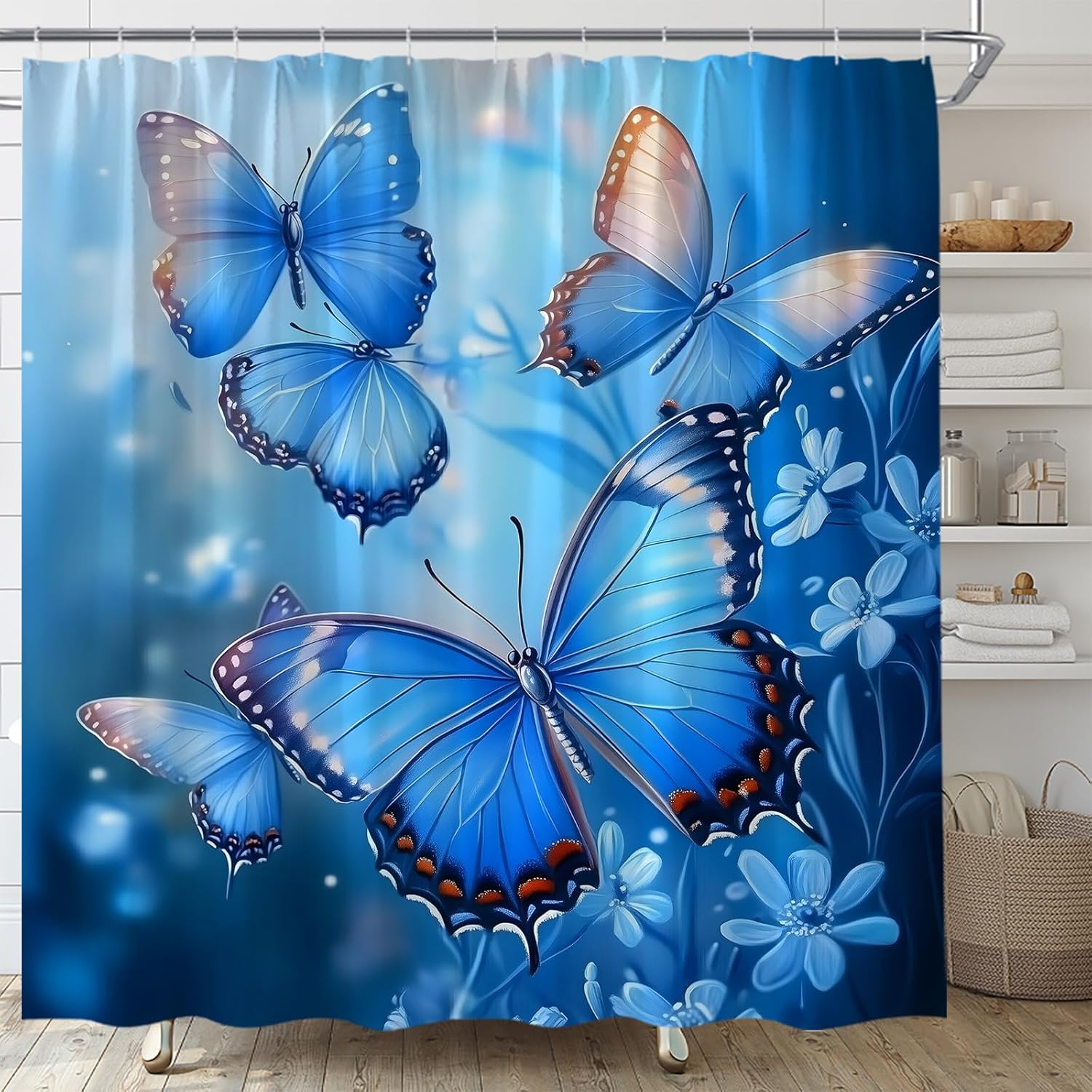 Blue Floral Butterfly Shower Curtain Modern Fantasy Butterflies Wings Dream Floral Animal Spring Elegant Fabric Bathroom Curtain Decor Bath Set with Hooks(70" Wx96 L)
