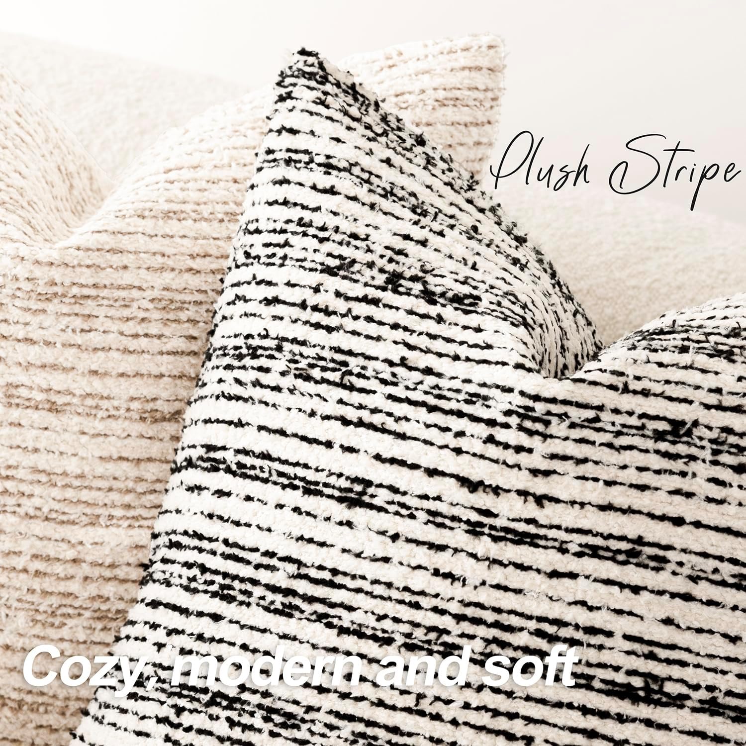 Foindtower Set of 2 Faux Fur Textured Modern Throw Decorative Pillow Covers Square Accent Striped Cushion Sherpa Boho Farmhouse Pillowcase for Couch Living Room Home Decor 18x18 Inch,Black and White