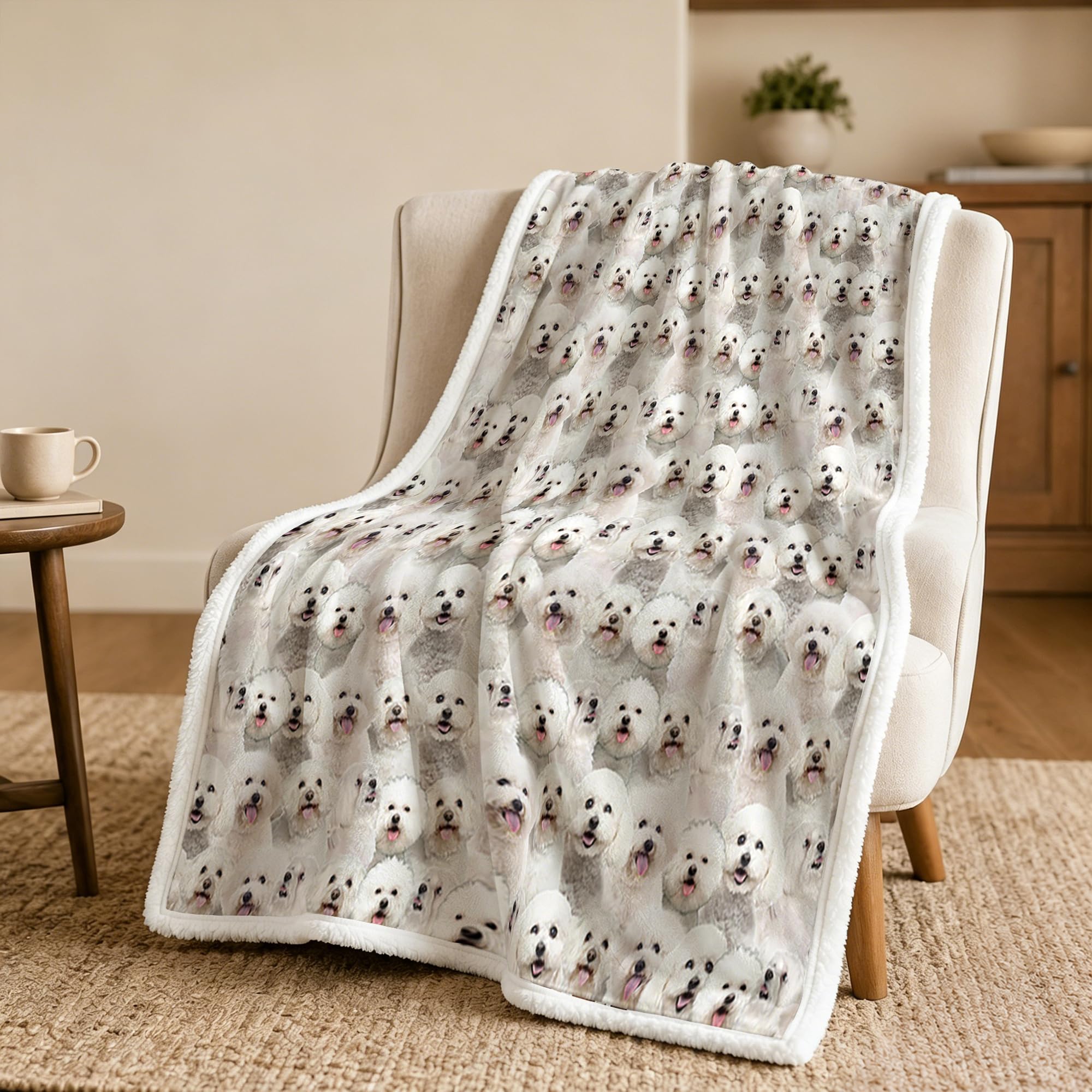 Blessliving Girls Bichon Frise Sherpa Blanket - Dogs Pattern Fuzzy Fleece Throw For Kids And Women - Cute Puppy Theme (130X150cm)