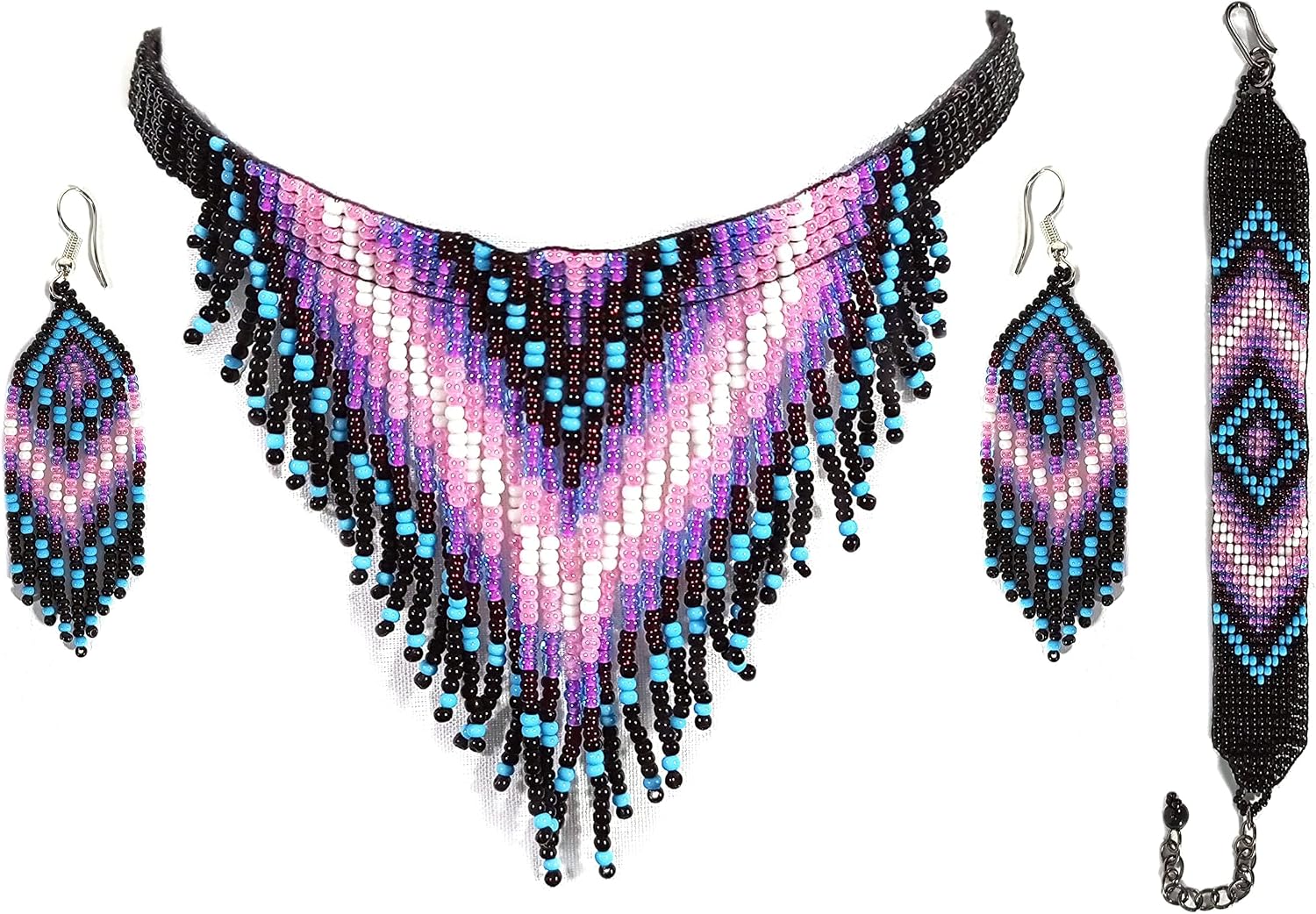 Choker Beaded Necklace – Boho Native Handmade Seed Bead Tassel Necklace, Bohemian Large Statement Beaded Necklace for Womens