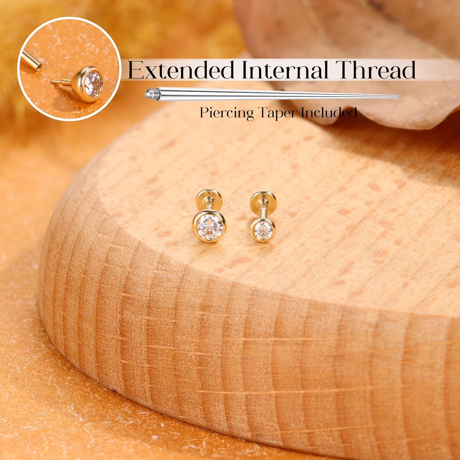 14K Solid Gold Flat Back Earring Hypoallergenic - 18G Cartilage Tragus Conch Helix Piercing Jewelry Extended Internal Thread Labret Lip Nose Stud for Women Men Simulated Diamond CZ 2/3mm - Image 6