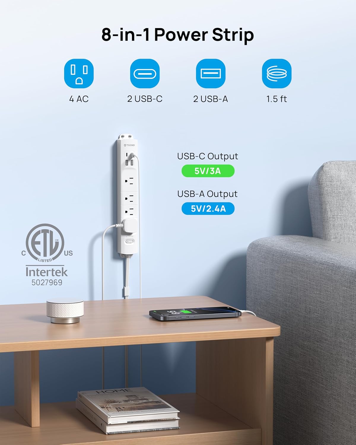 TROND Power Strip with 360° Rotating Plug, 1.5FT Extension Cord, 1440J Surge Protector, Multi Plug Wall Outlet Extender with 4 USB (2 USB C), Mountable for Home Office, Dorm Room Essentials, White