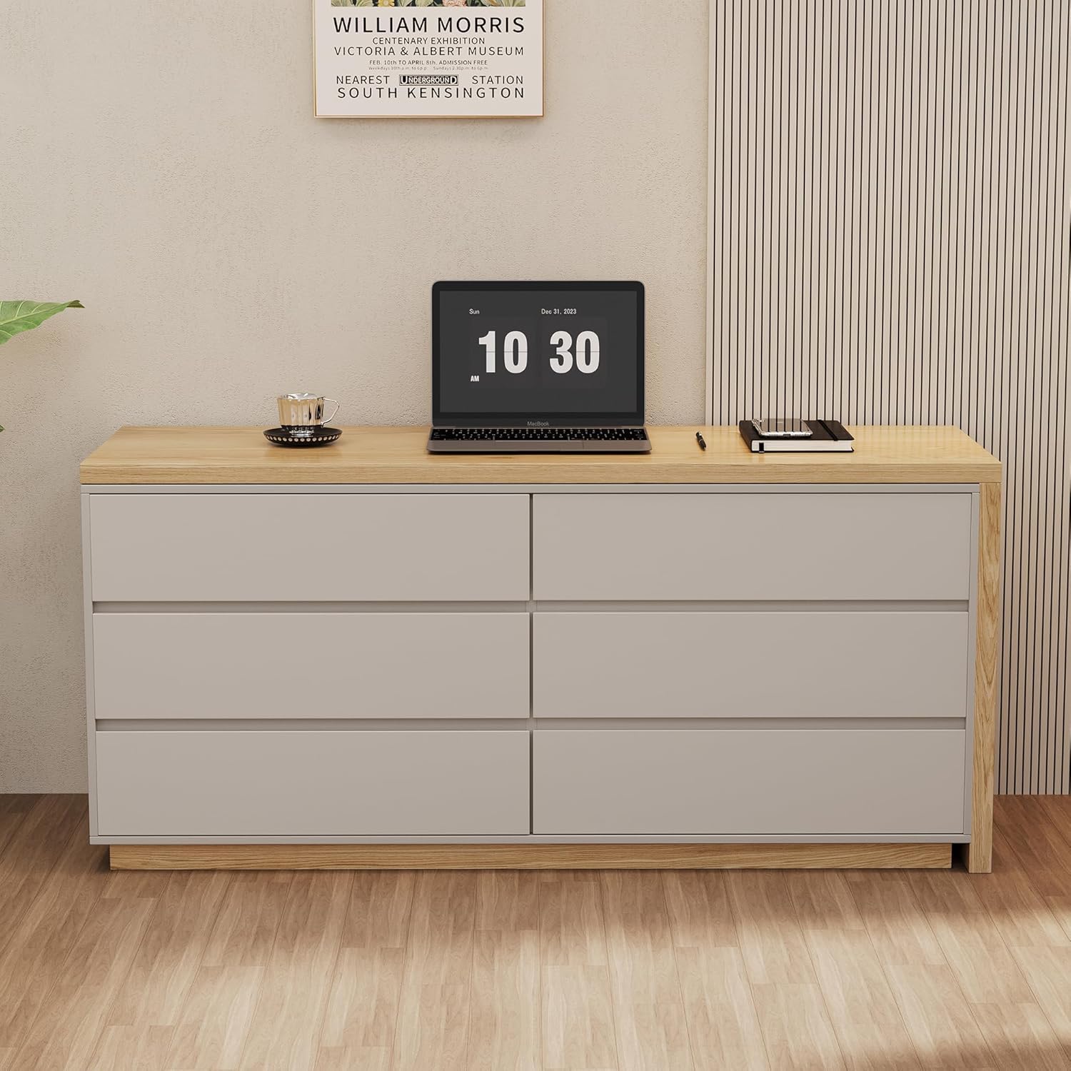 56–98.5" Expandable Modern L-Shaped Corner Desk with 6 Storage Drawers, Adjustable Computer & Vanity Table for Home Office, Bedroom, Study, Writing or Gaming, Beige