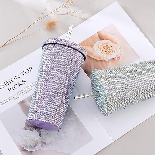 Miniatura 3 de MANMAOHE Vaso de acero inoxidable brillante de 17 onzas con tapa y pajita, vaso térmico al vacío con 1 cepillo, 1 cepillo para popote (morado)