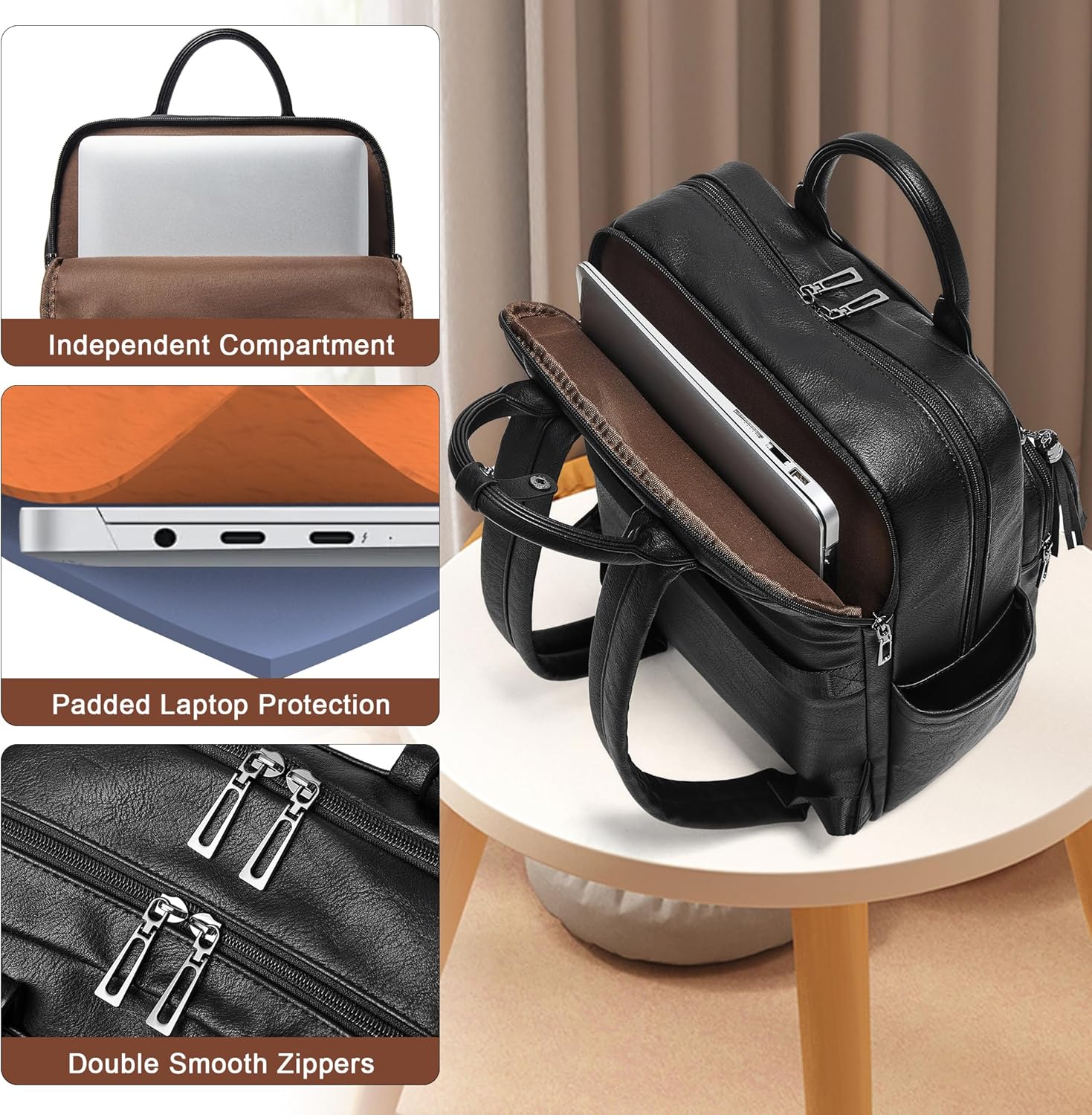 Shrrie Laptop Backpack for Women 15.6 inch Travel Leather Backpack Purse Work Computer Backpacks for Business College Black - Image 4