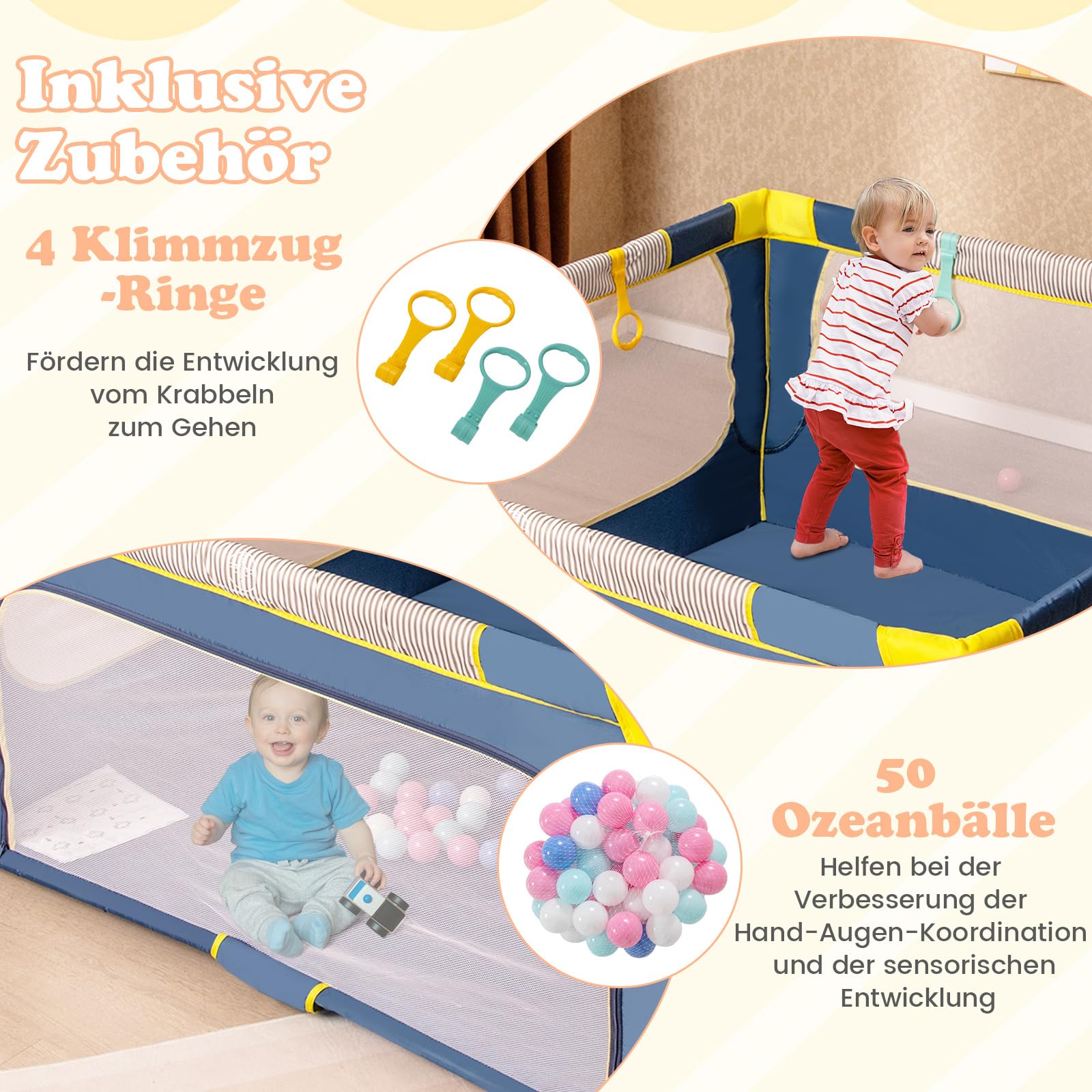 GOPLUS 150 x 150cm Laufstall Babys, Laufgitter tragbar mit 50 bunten Bällen, 4 Griffen & Tragetasche, umzäunter Spielbereich mit Reißverschlusstoren für Kinder drinnen und draußen (Blau)