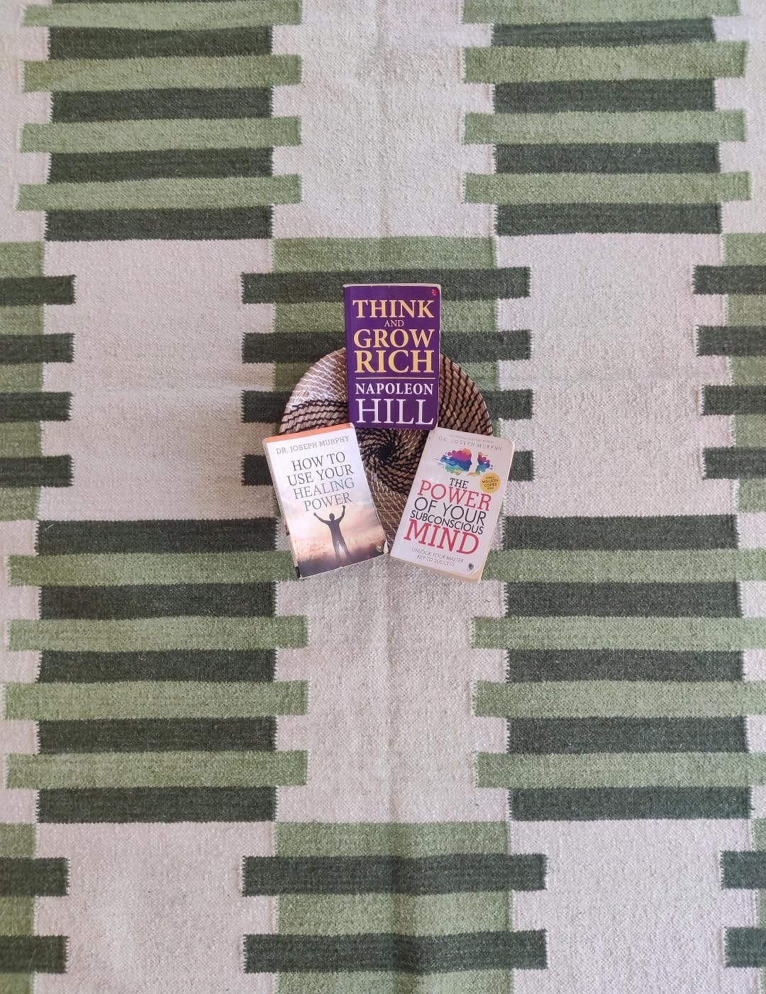 Handwoven Dhurrie Rug with Floral Border, Lavender Center, Green Leaf Pattern, Fringed Edges, Flat Weave Area Rug (Green with Cream, 8/10 feet)