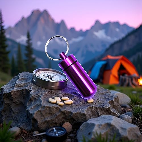 Miniatura 5 de Pastillero de color morado, mini pastillero de metal, caja de medicamentos de emergencia con estuche de llavero de acero inoxidable para viajes al
