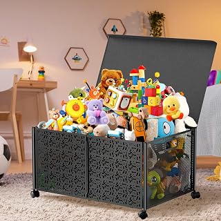 Yoleduo Toy Storage, Toy Box Chest,Toy Storage Organizer Box with Lid,70L Extra Large Toy Box for Kids, Boys, Girls Collapsible Metal Sturdy Toy Storage Bins with Wheels,(1 piece, Black)