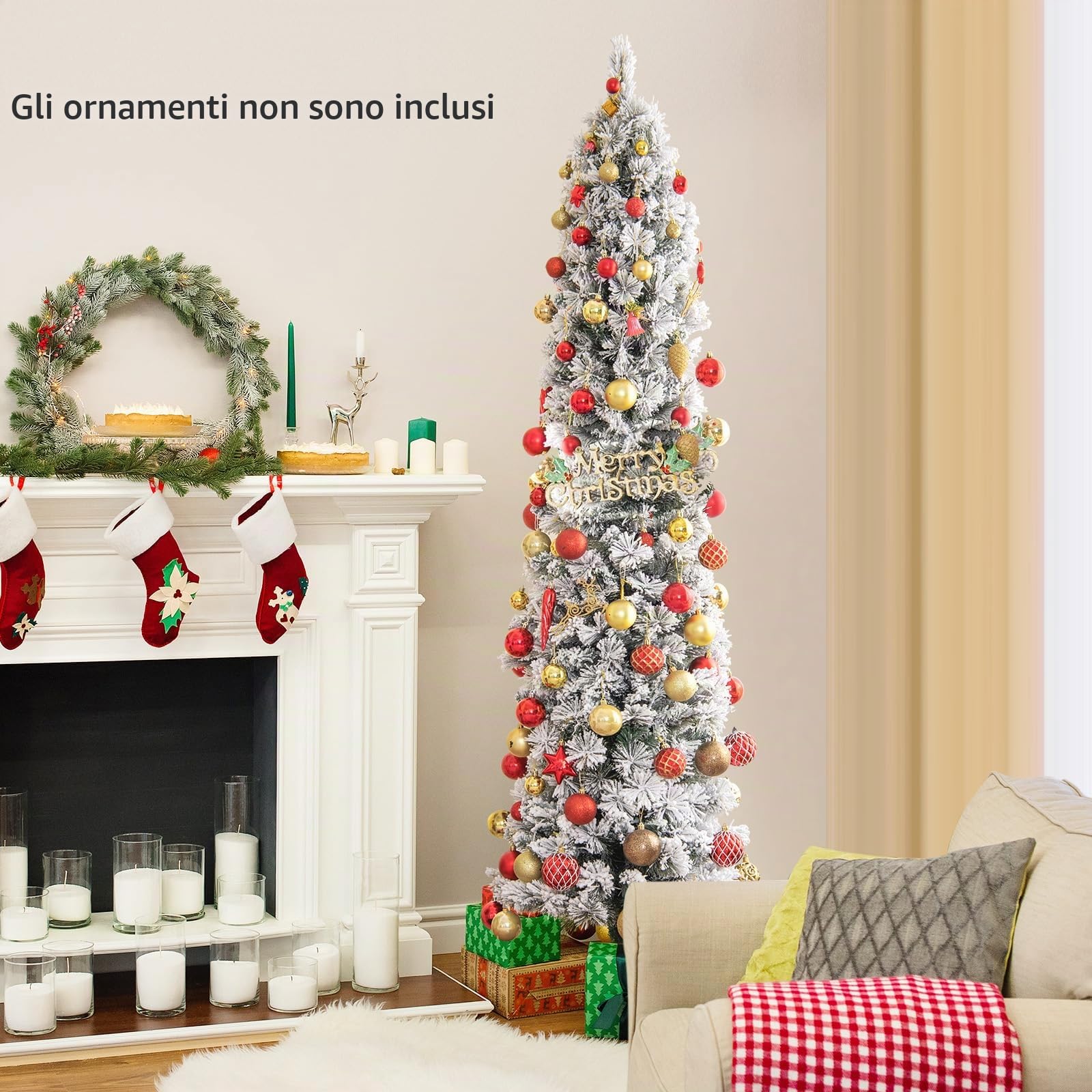 REALAX4LIFE Albero di Natale Slim 180 cm, Albero di Natale Innevato con 150 Luci LED, Rami a Ombrello, Dcorazione per le Feste