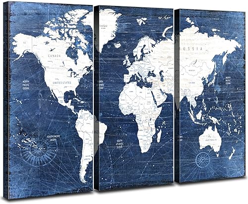 Lienzo impreso en lienzo con diseño de mapa del mundo en acuarela vintage, decoración de pared para sala de estar, retro, abstracto, azul marino y
