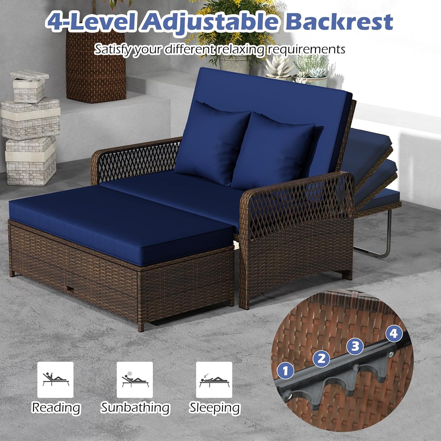 Tangkula Patio Rattan Daybed with 4-Level Adjustable Backrest, 2-Person Outdoor Wicker Loveseat with Storage Ottoman & Soft Cushions, Double Sunbed Lounger for Backyard, Porch, Poolside (Navy)