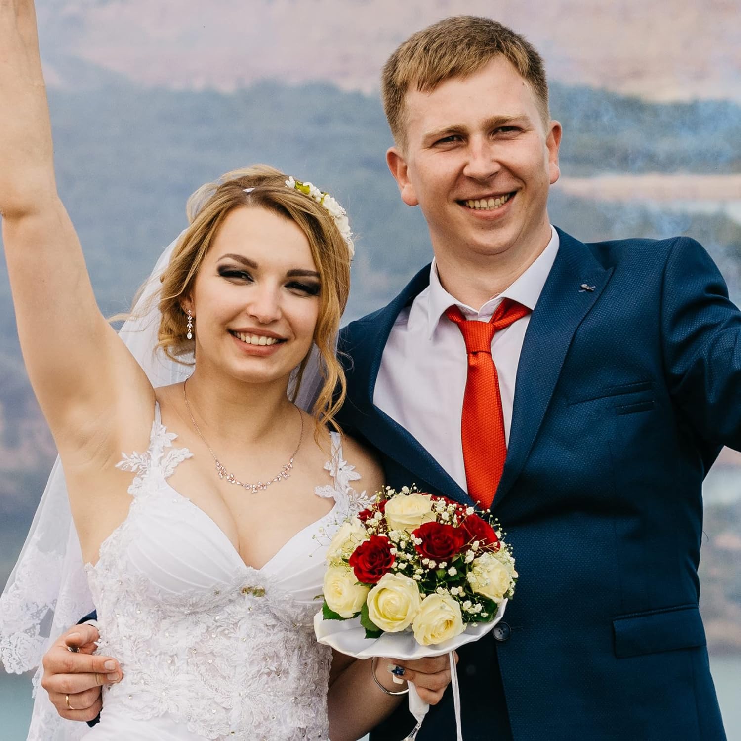 Crysdue Floral Bridal Jewelry for Wedding, Cubic Zirconia Wedding Jewelry Set for Bride Bridesmaid, Elegant Simulated Pearl Cluster Necklace Earrings Set for Wedding Prom Party - Image 3