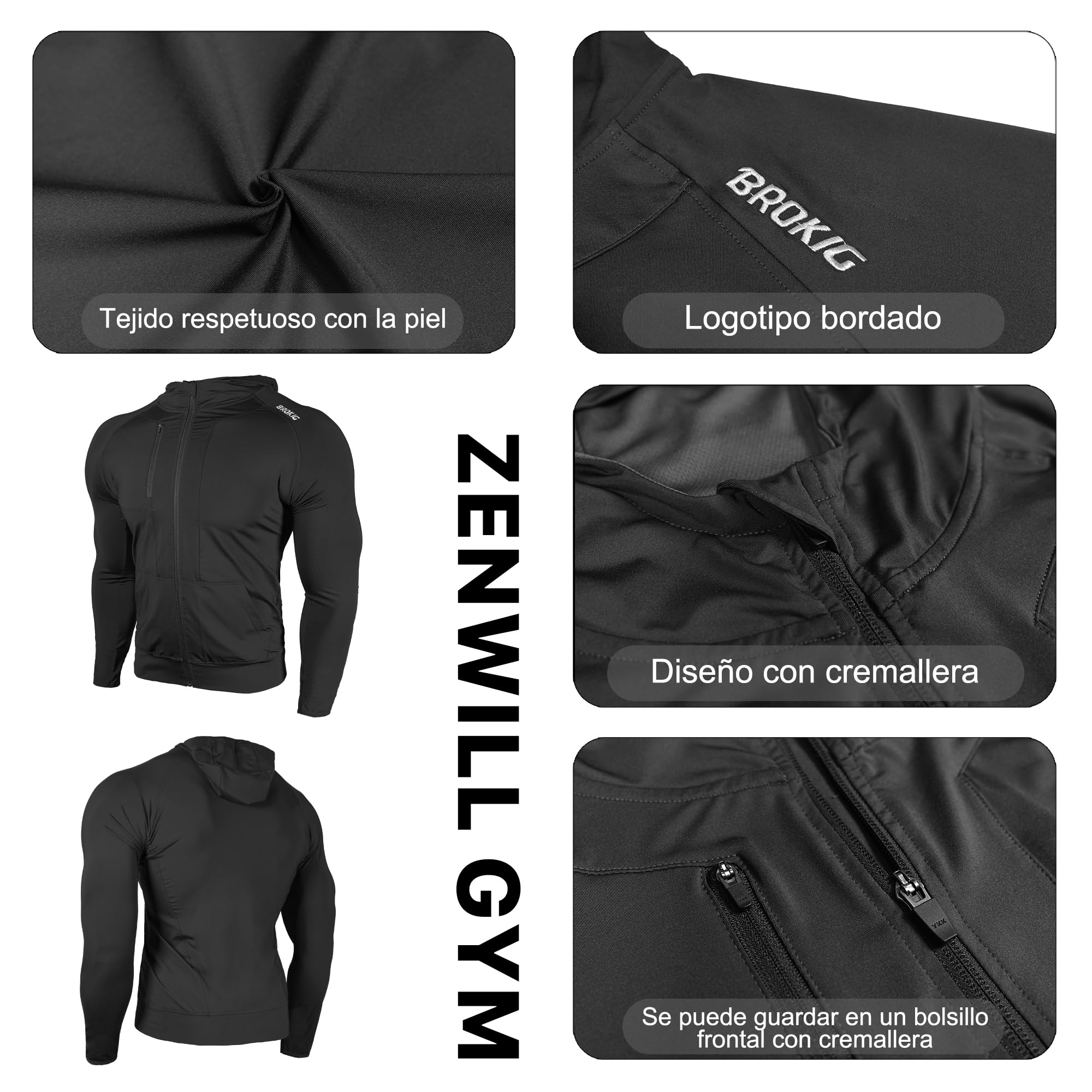 BROKIG Dualzip Sweat à Capuche Sport Homme,Léger Zippé Hoodie Running Survetement Veste Sweatshirt pour Homme