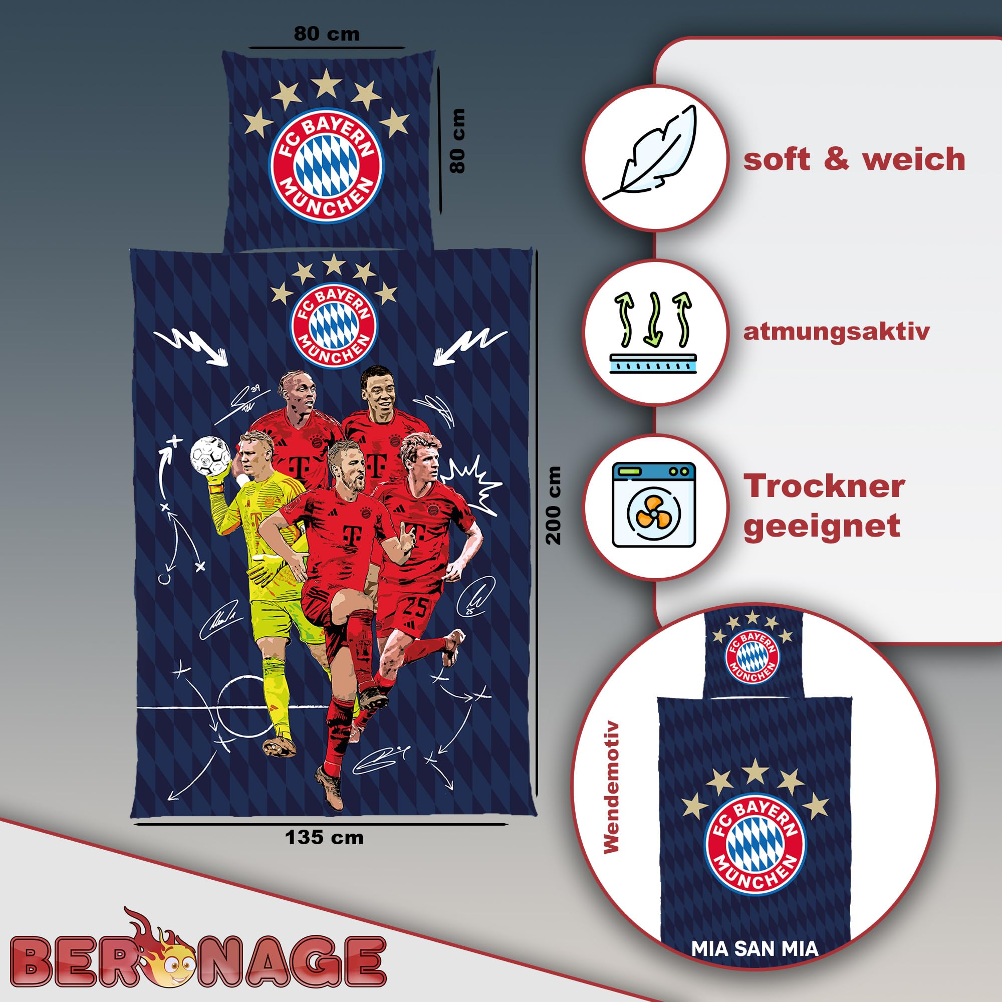 FC Bayern München Wende-Bettwäsche Player 135 x 200 + 80 x 80 cm 100% Baumwolle Linon Fußball FCB Deutscher Rekord-Meister Mia san Mia Fußball Allianz Arena deutsche Größe mit Reißverschluss