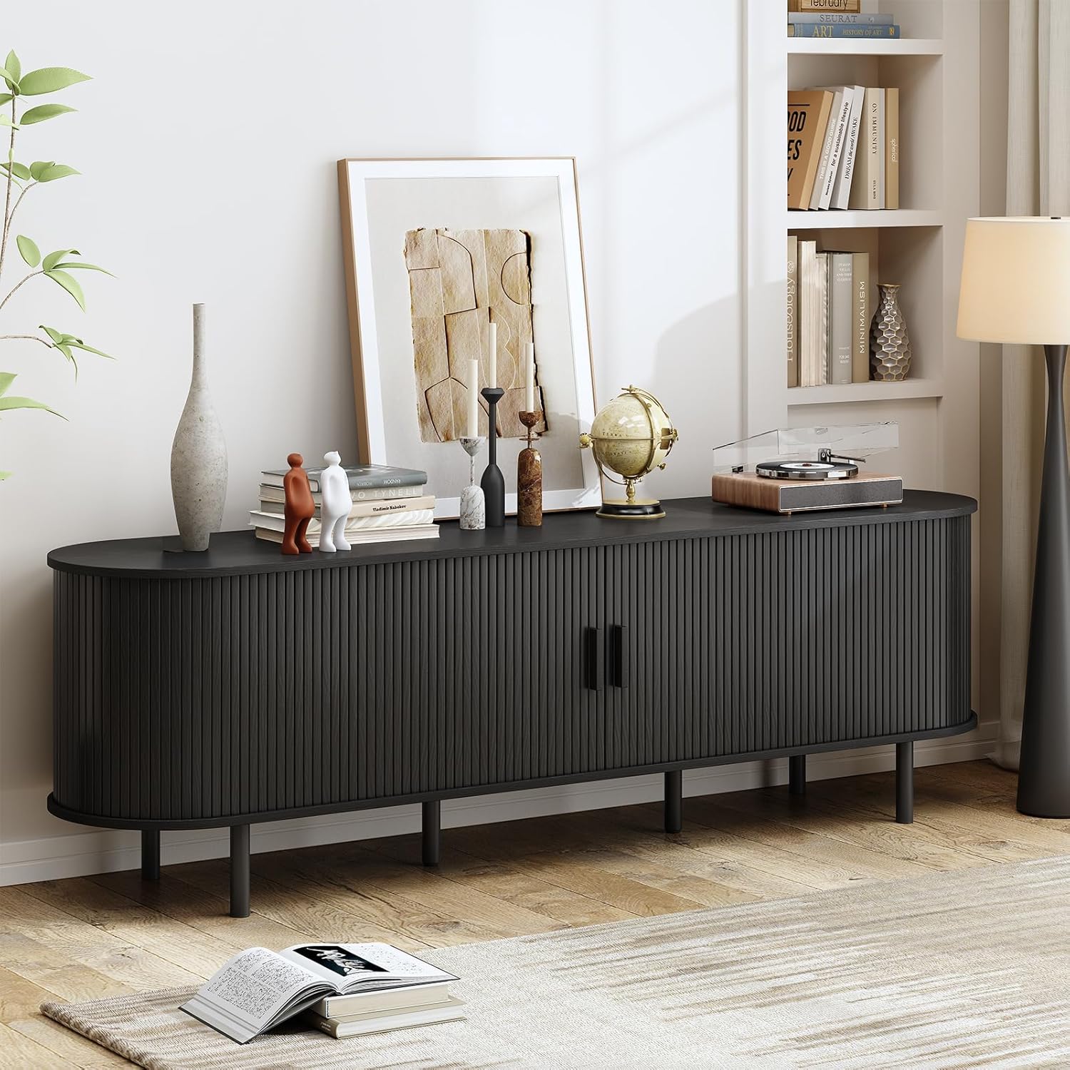 70.8" TV Stand with Power Outlet, Mid-Century Modern Television Stand, Fluted Media Console with Sliding Doors, Entertainment Center for TVs up to 60 Inch, Adjustable Shelves, Black