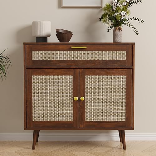 Miniatura 4 de Aparador de ratán buffet, armario de cocina bohemio con cajón y 2 puertas, armario moderno de mediados de siglo con estante ajustable, barra de café