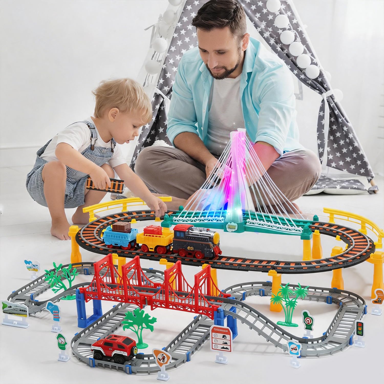 HOLYFUN Treno Set Giocattoli, Rotaie Auto Giocattoli, Ferrovia Set di Gioco per 3-8 Anni, Neonati, Bambini