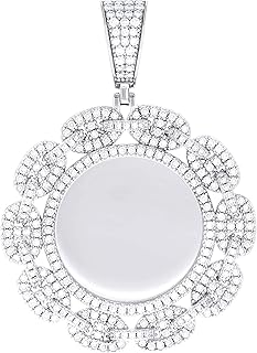 14K White Gold Look 925 Sterling Silver Round Moissanite Memory Picture Frame Charm Pendant Unisex Fine Jewelry