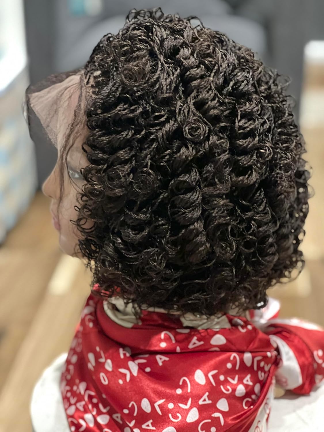 Braided wig. Micro twist wig made on a full lace wig. Color is off black.