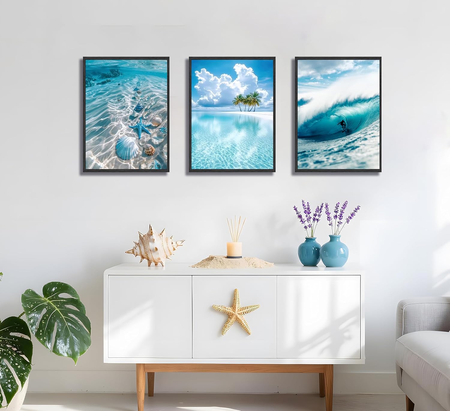 3pcs Blue Ocean Wall Art Featuring Starfish Seashells Waves and Palm Trees Summer Beach-Themed Canvas Paintings Prints Modern Coastal Style Posters Wall Decor suitable for Bathroom living room Decoration (Unframed)