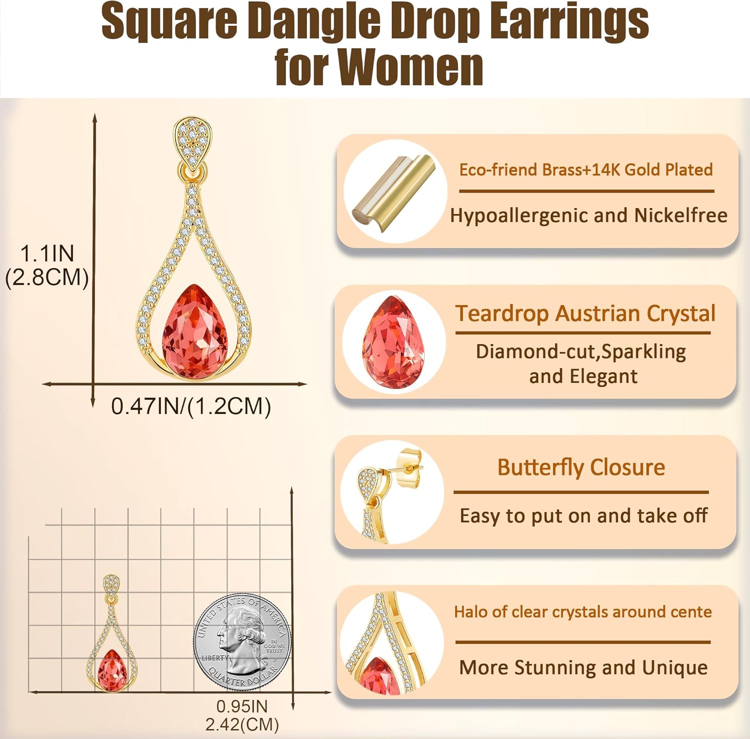 Austrian Crystal Halo Teardrop Hollow Drop Stud Earrings for Women 14K Rose Gold Plated Hypoallergenic Jewelry - Image 6