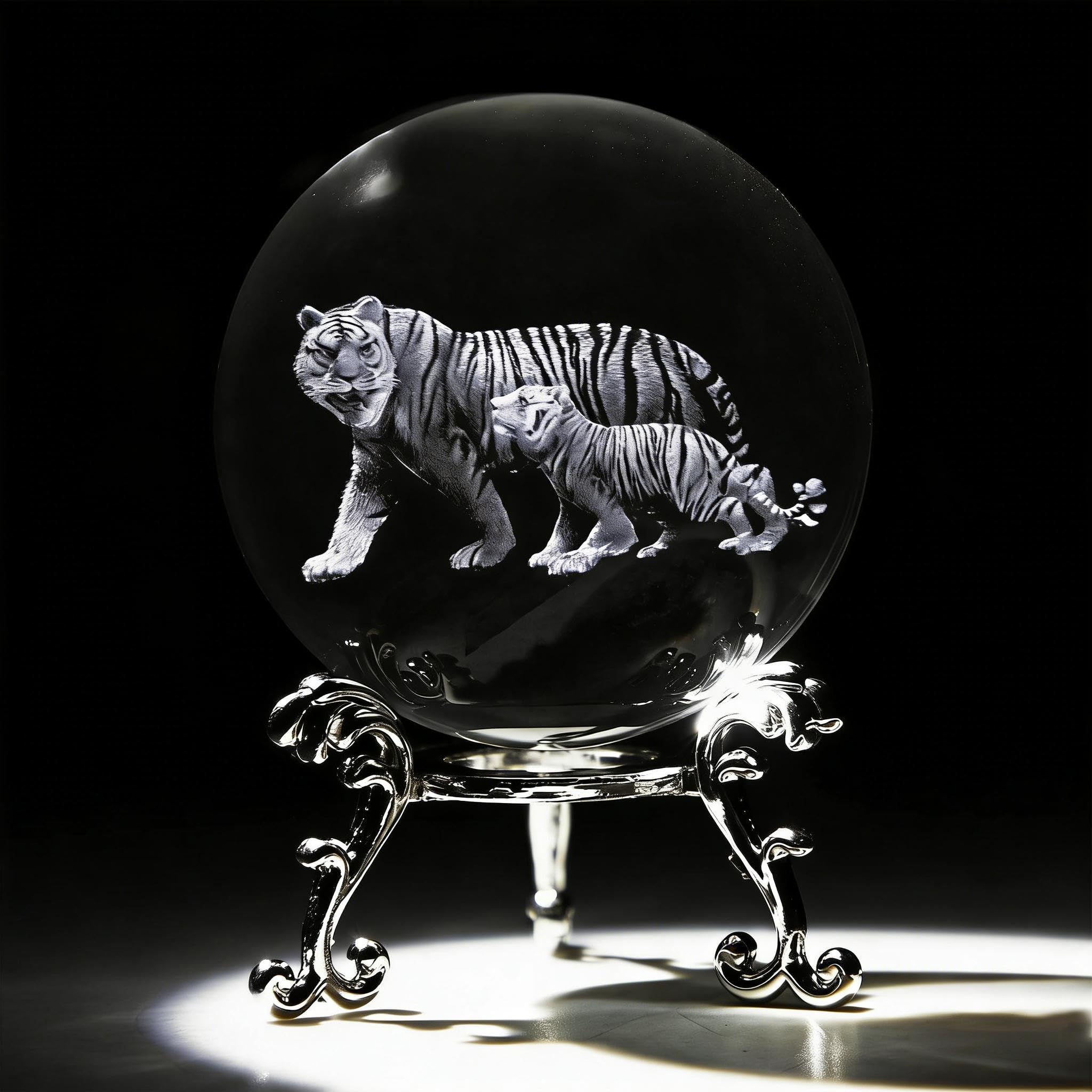 vskikris 2⅜ inches Animal Tiger Crystal Ball with Stand 3D Laser Engraved Mother Son Tiger Figurine 3D Crystal Paperweight Decoraive Quartz Glass Ball Sphere Home Decor Table Craft