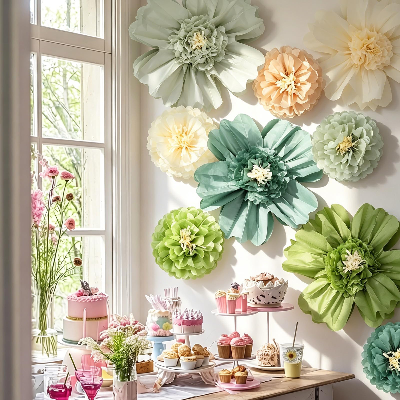 Crowye 12 Pcs Large Tissue Paper Flower Decor,10'' 20'',Green Color