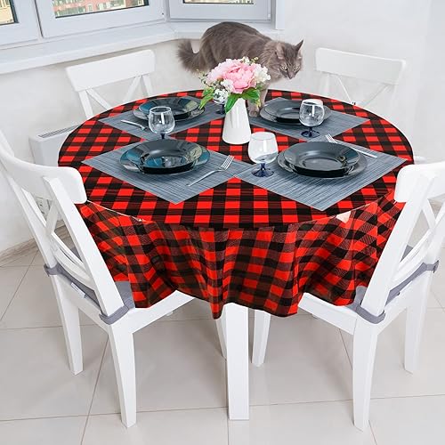 Miniatura 8 de Mantel desechable de Navidad redondo de plástico a cuadros, 84 pulgadas, impermeable, para picnic, campamento, fiesta, carnaval, barbacoa, Navidad