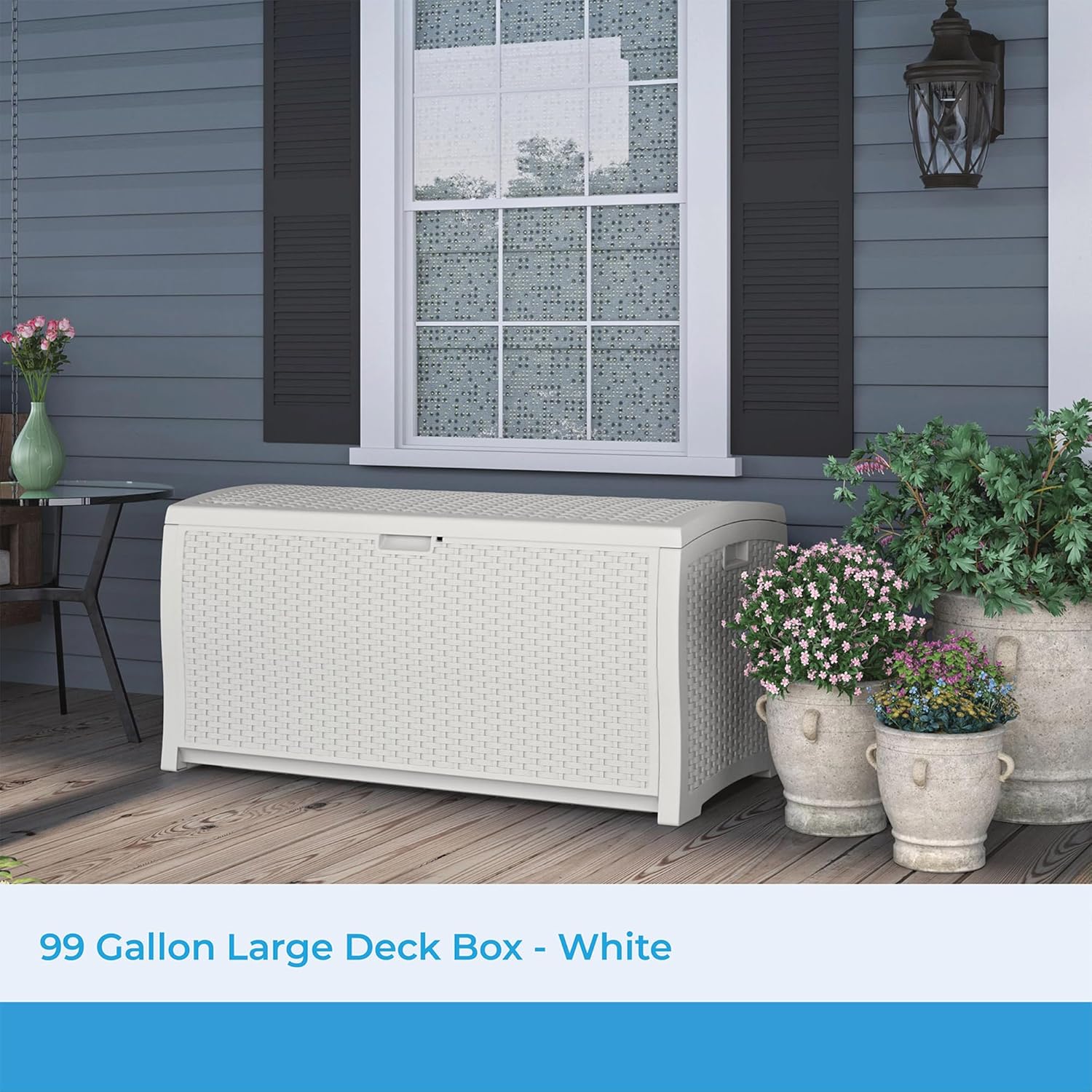 Suncast 99 Gallon Wicker Horizontal Outdoor Deck Box with Hinged Lid, Water-Resistant Storage Solution for Patio, Deck, Yard, and Garage, White, Made in the USA - Image 2