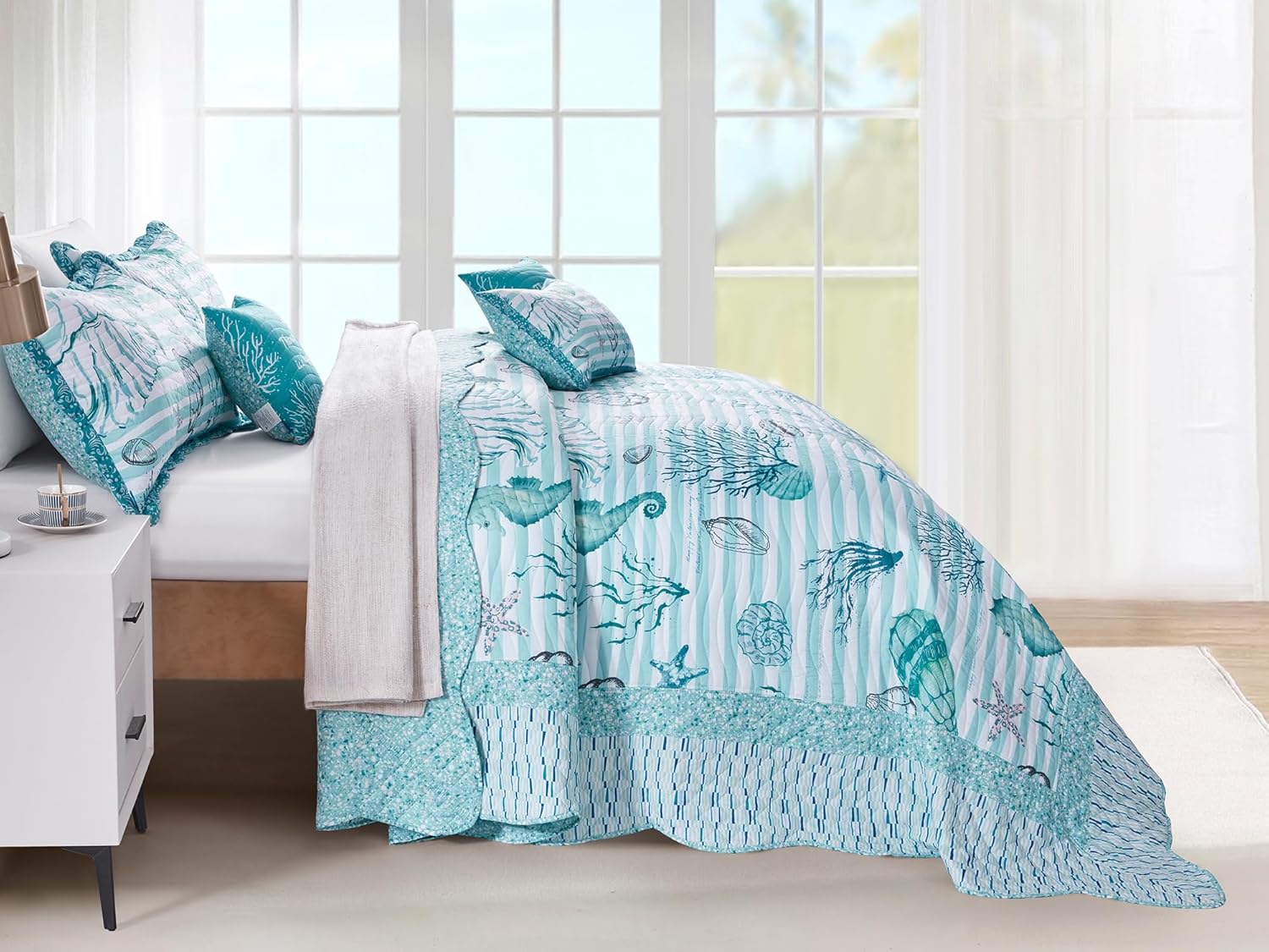 HZ & HY Coastal Oversized King Bedspread 128x120 Extra Wide, Lightweight Beach Bedding Nautical Quilt, Real Stitching, Reversible, 6 Pieces, 100% Microfiber, King/California King, Shell