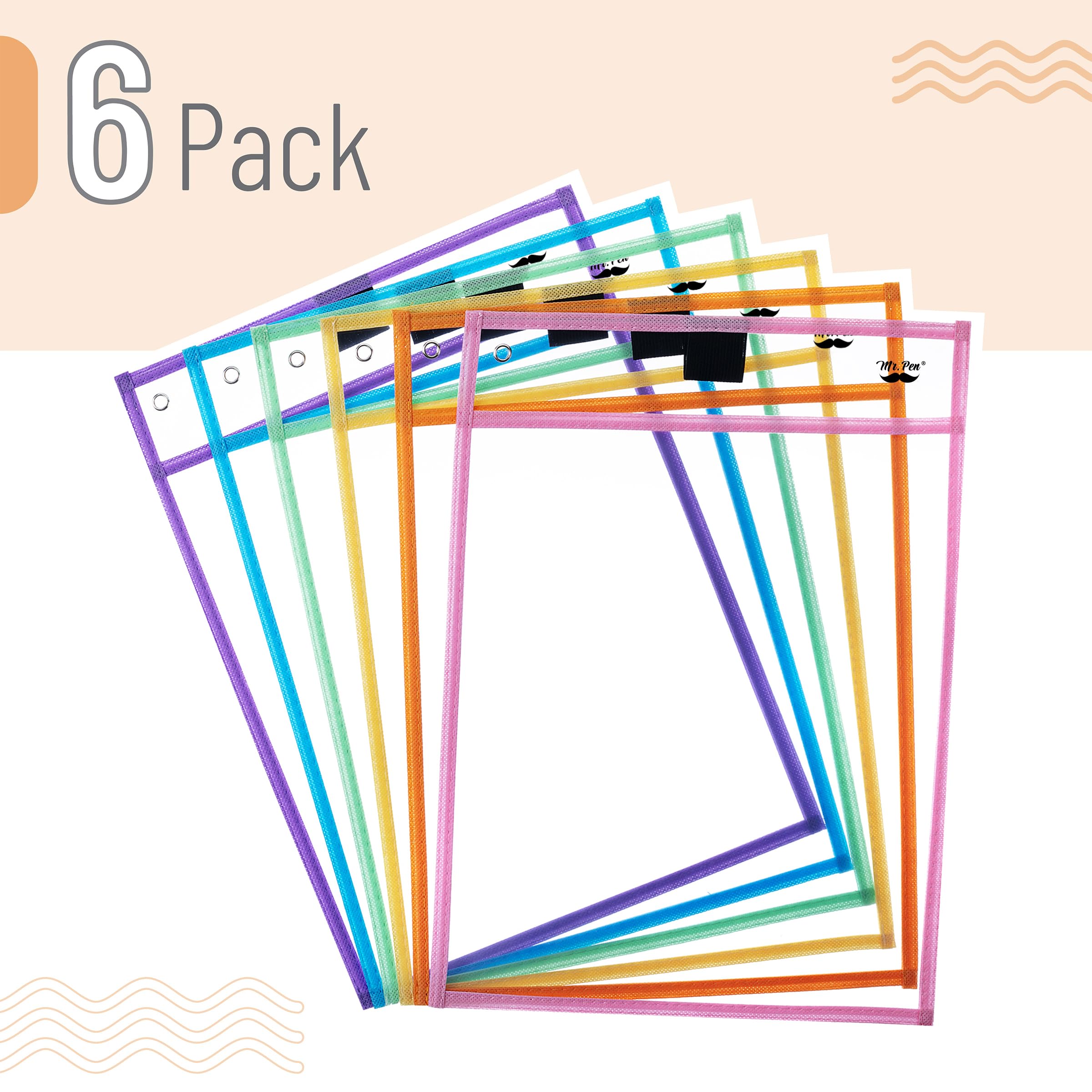Mr. Pen- Dry Erase Pocket Sleeves, 10 x 14 Inch, 6 Pack, Pastel Colors, Plastic Sleeves, Dry Erase Pockets Reusable Sleeves, Dry Erase Sleeves, Clear Pocket Sleeves, Classroom Sleeves
