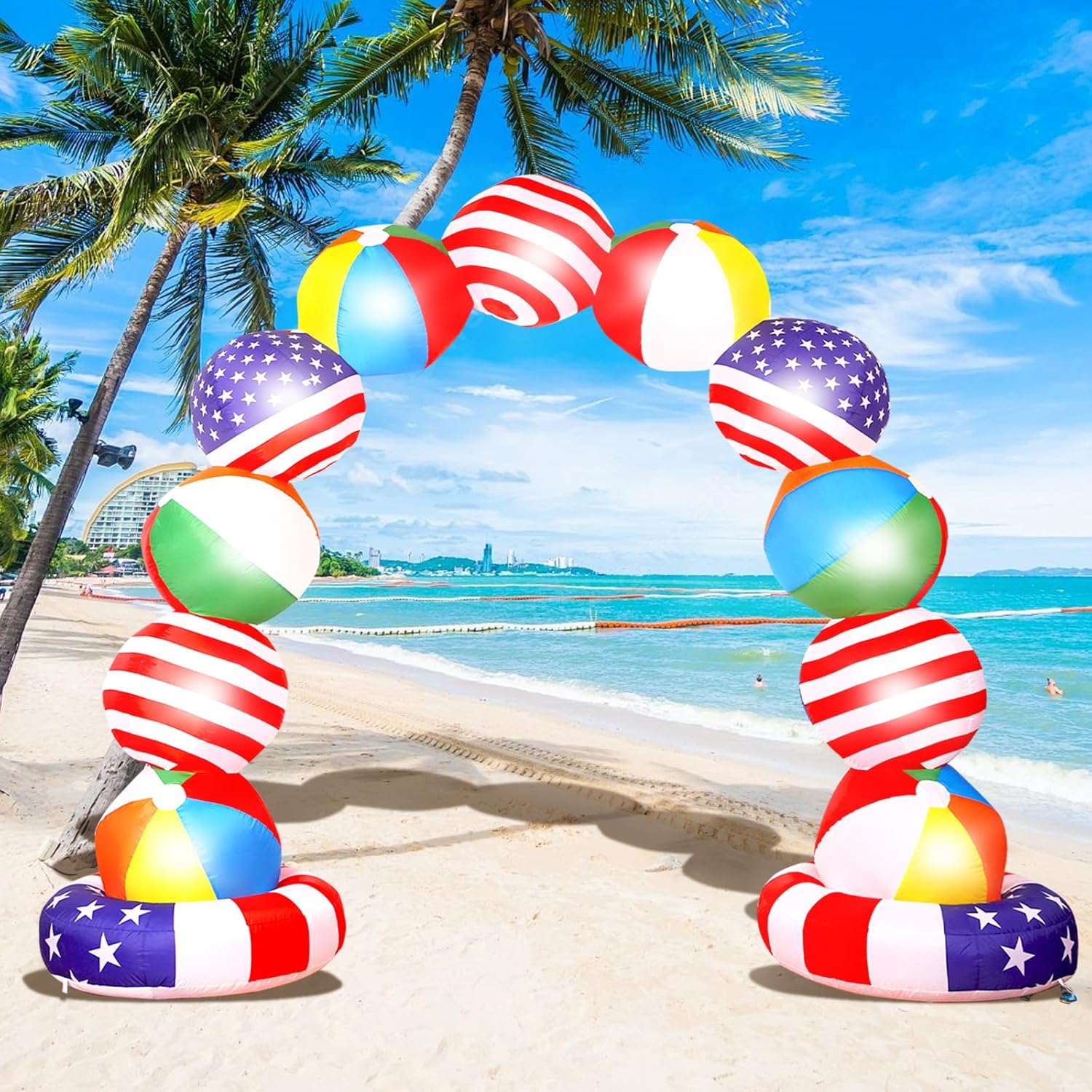 Popblow Inflatable Arch, 10Ft Long Beach Ball Summer Inflatables Rainbow Arch with Build-in 11 Led Lights, Blow Up Archway Party Decoration for Outdoor Pool Beach Yard Lawn Garden Decor