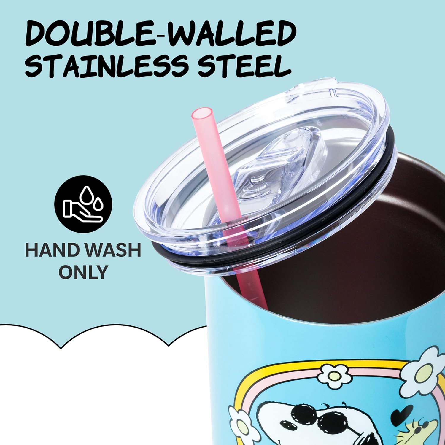 Silver Buffalo Peanuts Featuring Snoopy and Woodstock Feelin' Groovy Double Walled Stainless Steel Tumbler with Handle and Straw, Fits in Standard Cup Holder, 40 Ounces - Image 4