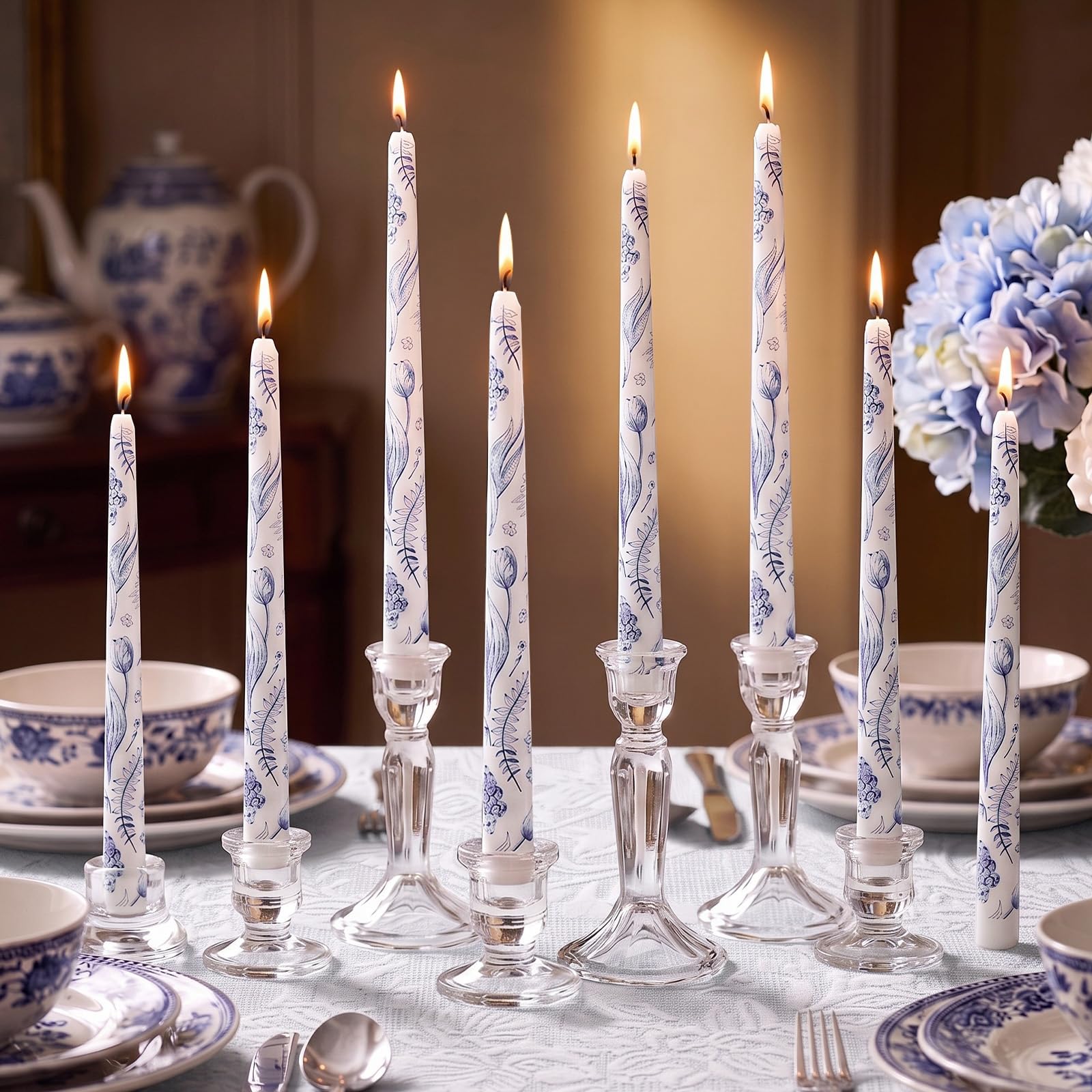 Conelist 12 candele floreali lunghe in porcellana blu e bianca, 24 cm, candele affusolate senza fumo, non profumate, regalo per Natale, matrimonio, casa, cene, decorazioni per feste