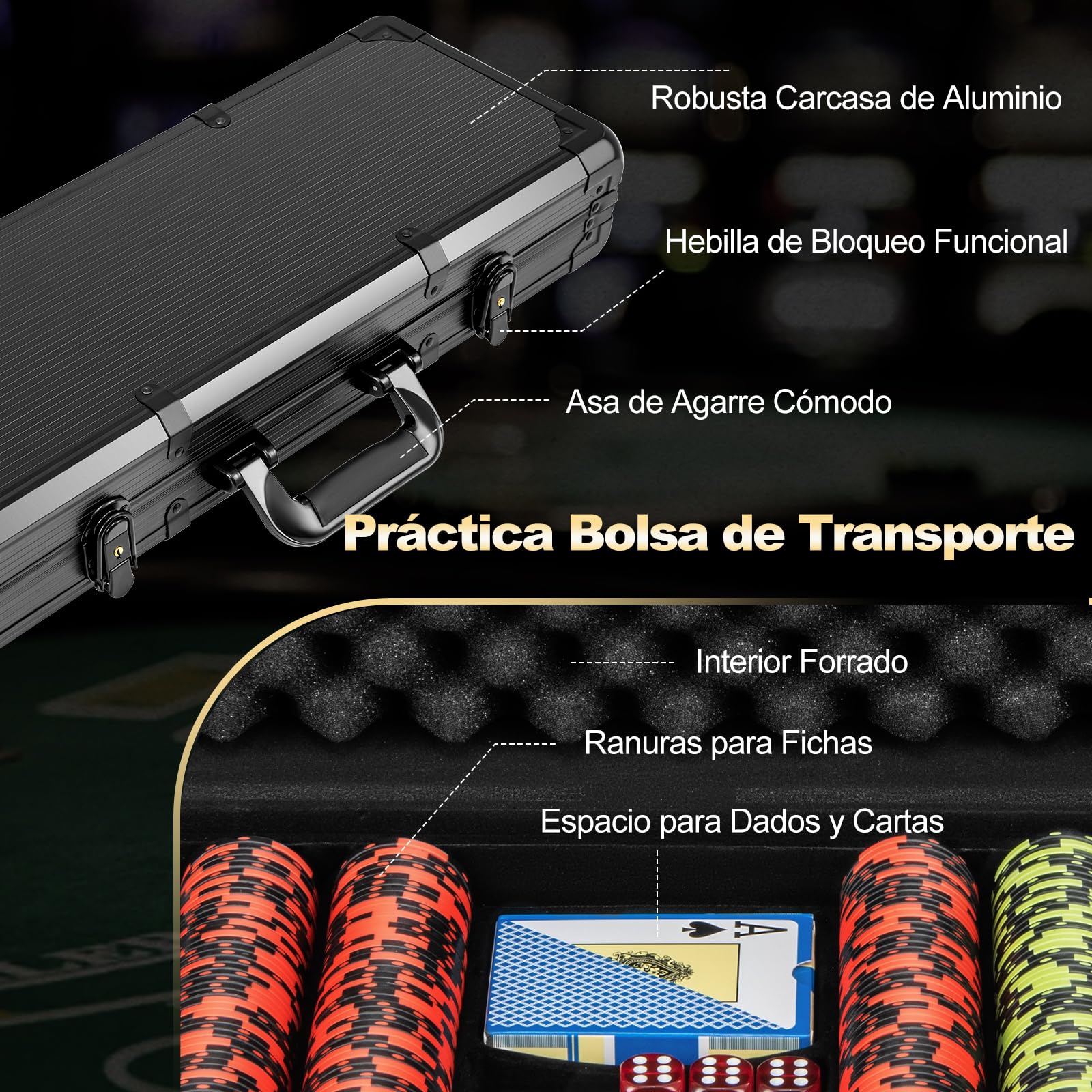 COSTWAY Juego de Poker de 500 Fichas, Maletín Aluminio de Póker de 14 g con Estuche de Aluminio, Barajas de Cartas, Botones de Crupier y Dados, Fichas de Arcilla para Casino, Reuniones (500 Piezas)