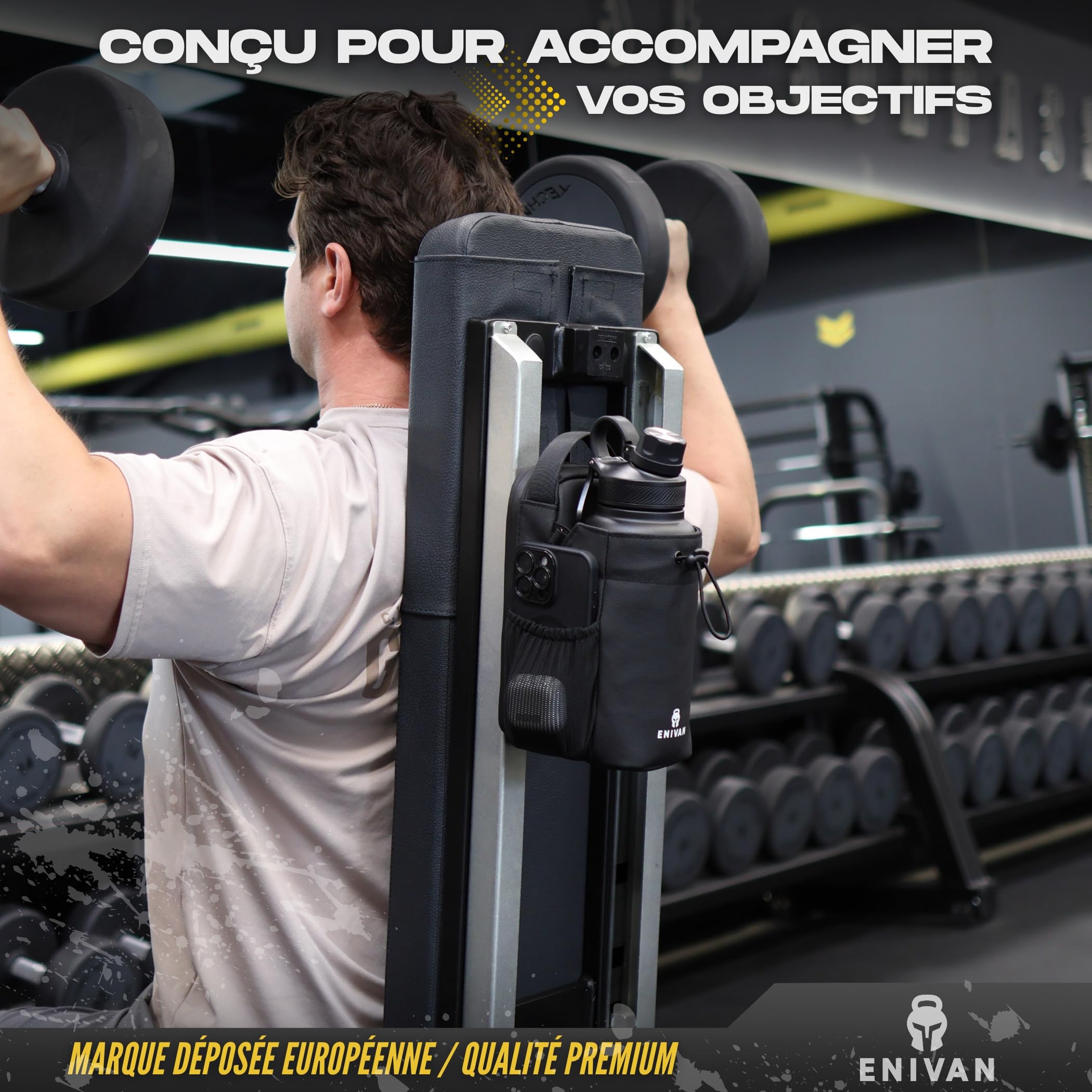 Sac Magnétique Sport avec Fixation Aimantée, Porte Bouteille et Gourde 1,5L, Porte Téléphone, Bandoulière Homme Femme, Mousqueton Clés, Sac Banane Gym, Musculation, Noir