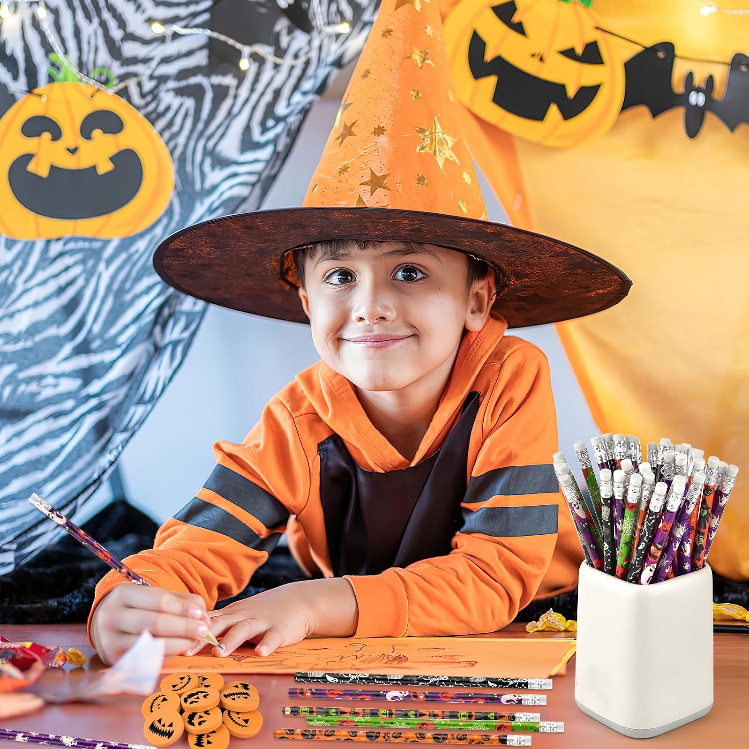 Zuazaor 300 Halloween Pencils with Erasers In Bulk for Office School Supplies Kid Wooden Pencils Set for Halloween Christmas Party Pencils (300)