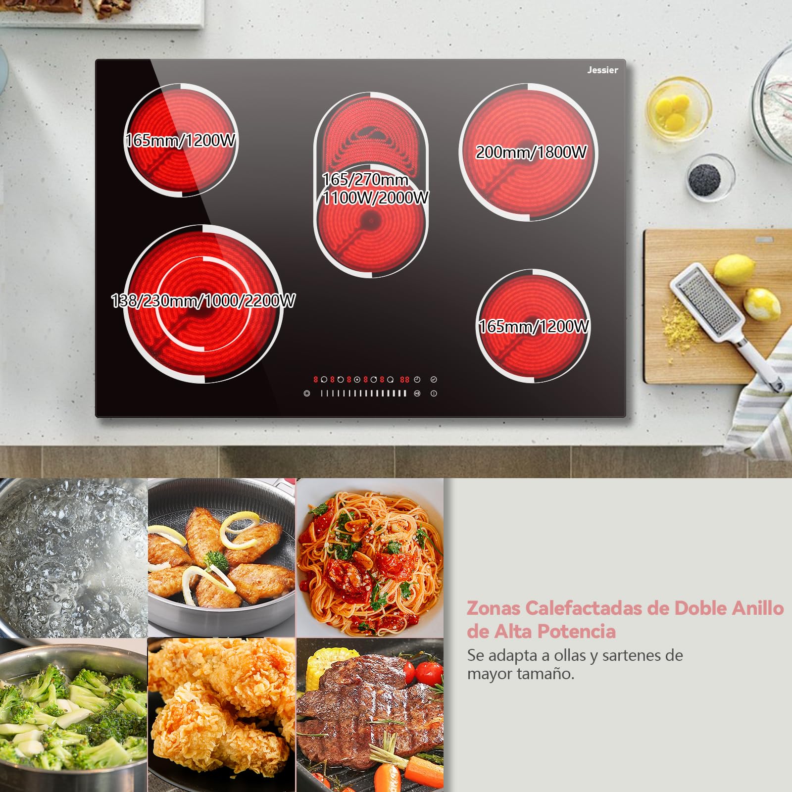 Placa Vitroceramic 5 Fuegos 8400W, Jessier Vitroceramica Induccion con Doble Zona de Barbacoa Ovalada, Placa Electrica Cocina 9 Niveles de Potencia, Función Pausa, Temporizador, Bloqueo de Seguridad