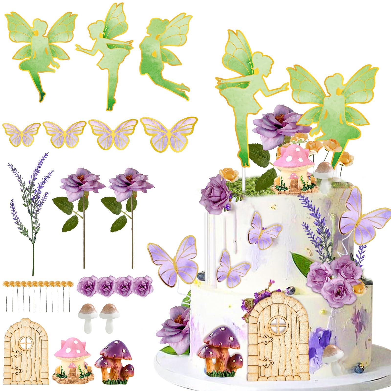 38Pcs Fairy Cake Toppers- JUYRLE Fairy Cake Decoration Pink Mushroom House Cake Decoration with Butterfly Flower Fairy Garden Topper for Girls Spring Happy Birthday Party Baby Shower