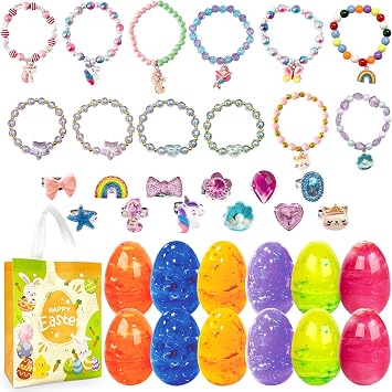 Aviski 12Pcs Easter Surprise Eggs with Cute Bracelet & Ring Inside for Easter Theme Party Favors, Supplies for Easter Egg Hunt, Basket Stuffers/Fillers, Classroom Prize Supplies Toddler Boys Girls
