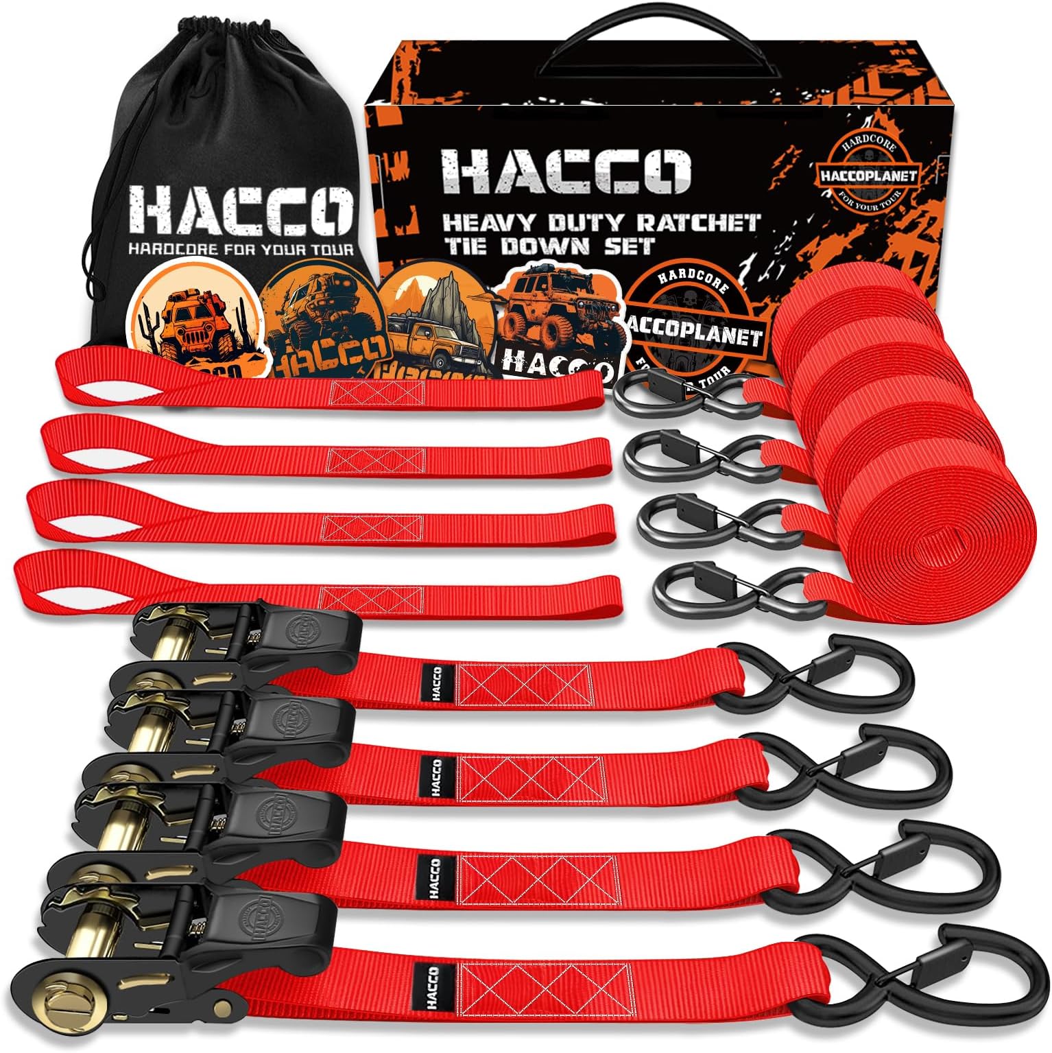 Haccoplanet 4-Pack Retractable Ratchet Tie Down Straps – 1” X 6’, 1500lb Strength, Auto-Retract With S-Hooks