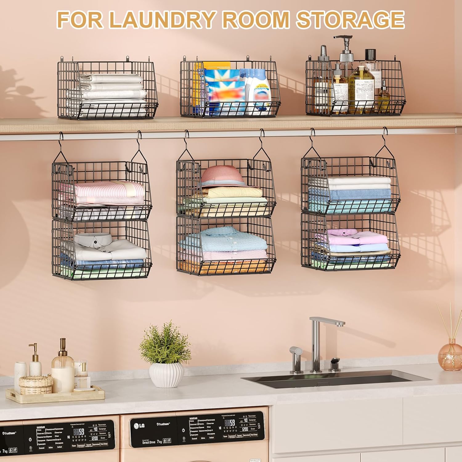 6 Tier Closet Hanging Organizer, Clothes Hanging Shelves with 4 Hanging Hooks 5 S Hooks, Wire Storage Basket Bins, for Clothing Sweaters Shoes Handbags Clutches Accessories Patent Design-Black