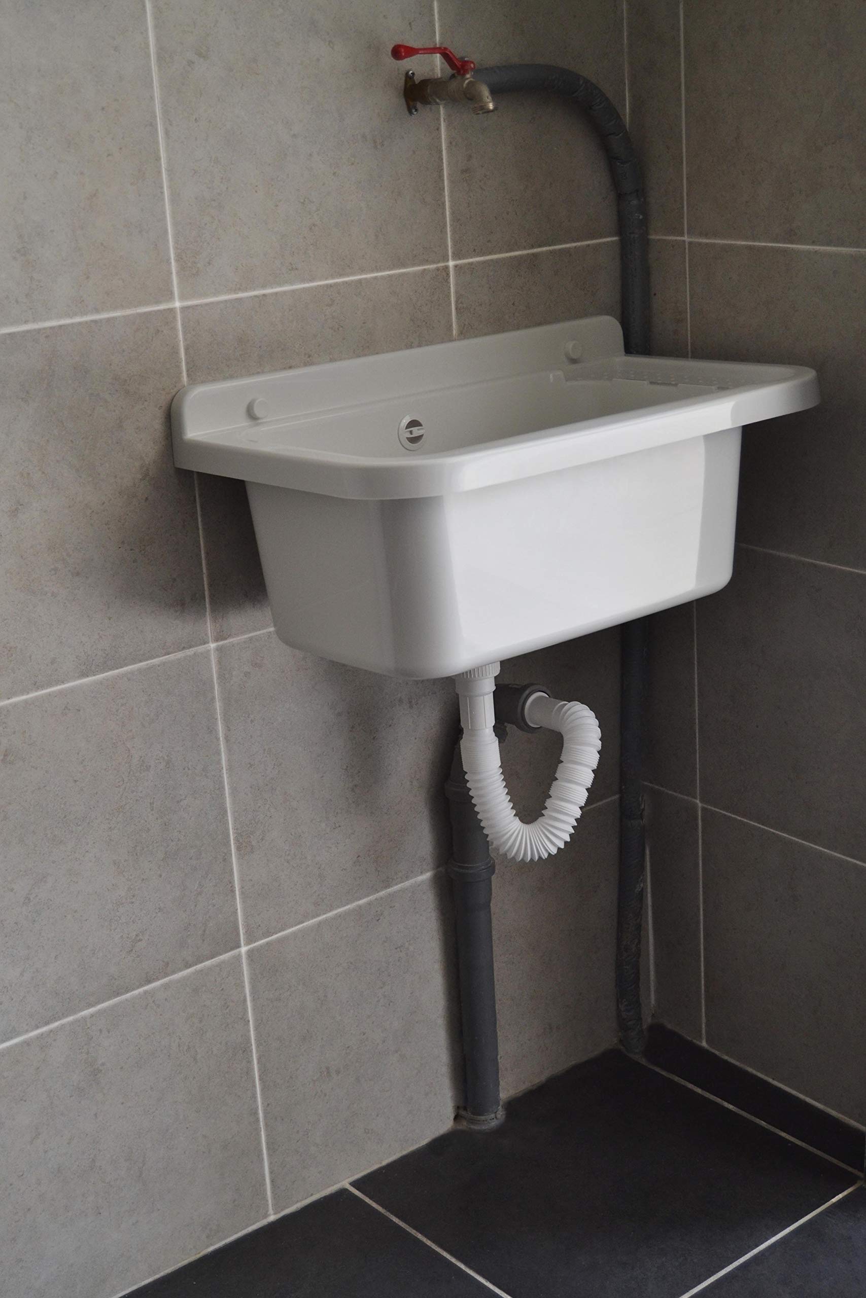Negrari Lavandino-Pilozzo a Muro in Resina, Resistente agli acidi di uso comune, Resistente all'umidità, Interno e Esterno, L60 x P34 x H21, Grigio Marmorizzato