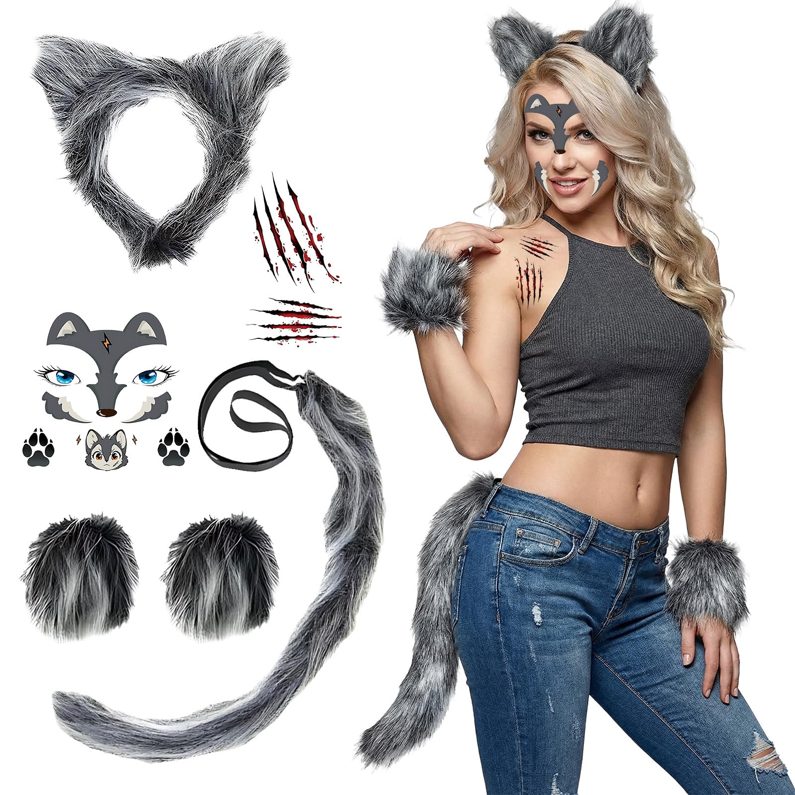 6 Pcs Grey Wolf Costume Accessories Set for Kids Adults Furry Wolf Ears Headband, Elastic Wrist Cuffs