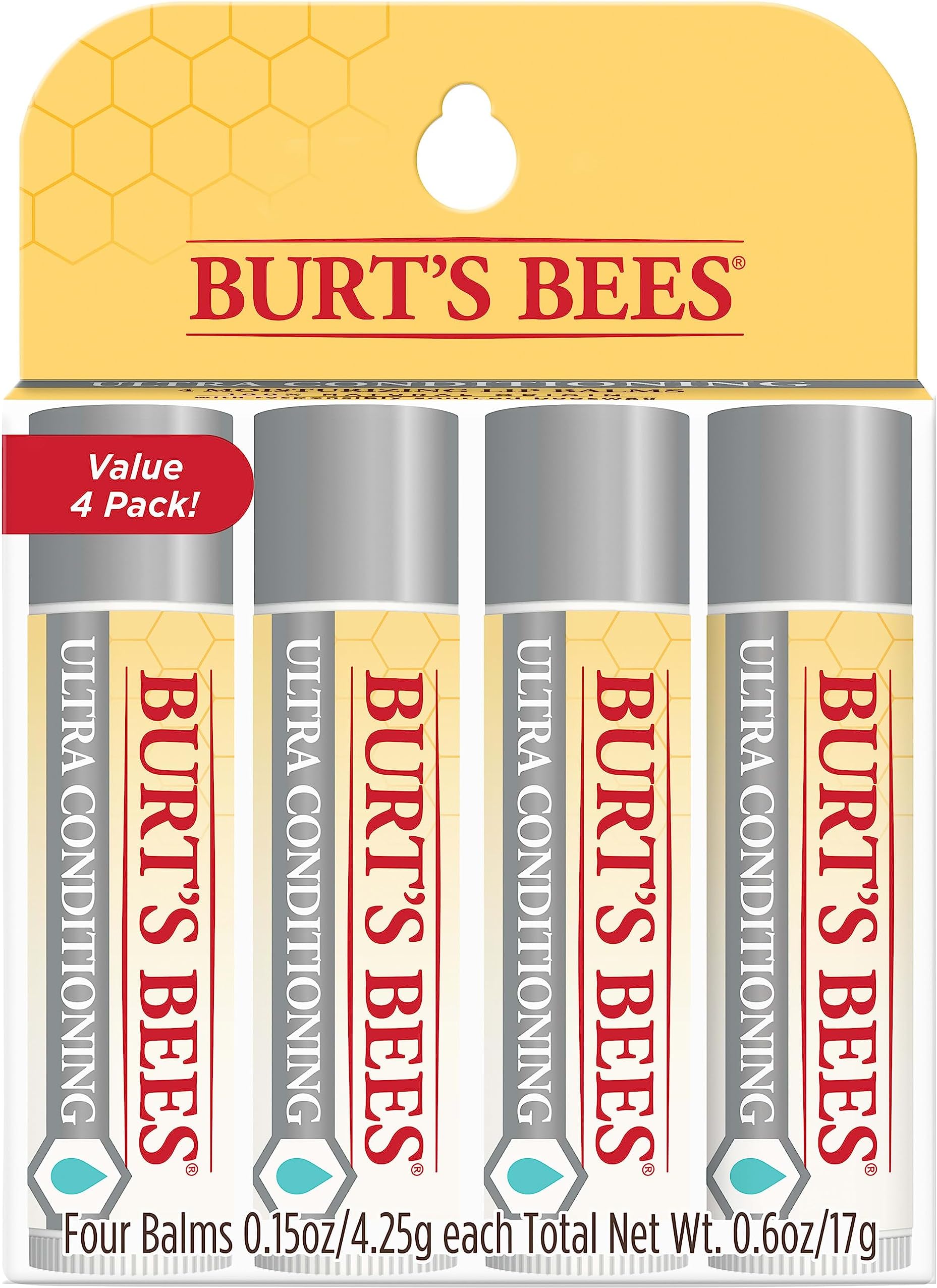 - Burt's Bees Lip Balm, Moisturizing Lip Care, 0.15 oz., 4 Tubes | Ultra Conditioning with Shea, Cocoa and Kokum Butter, 100 Percent Natural Origin, Responsibly Sourced Beeswax