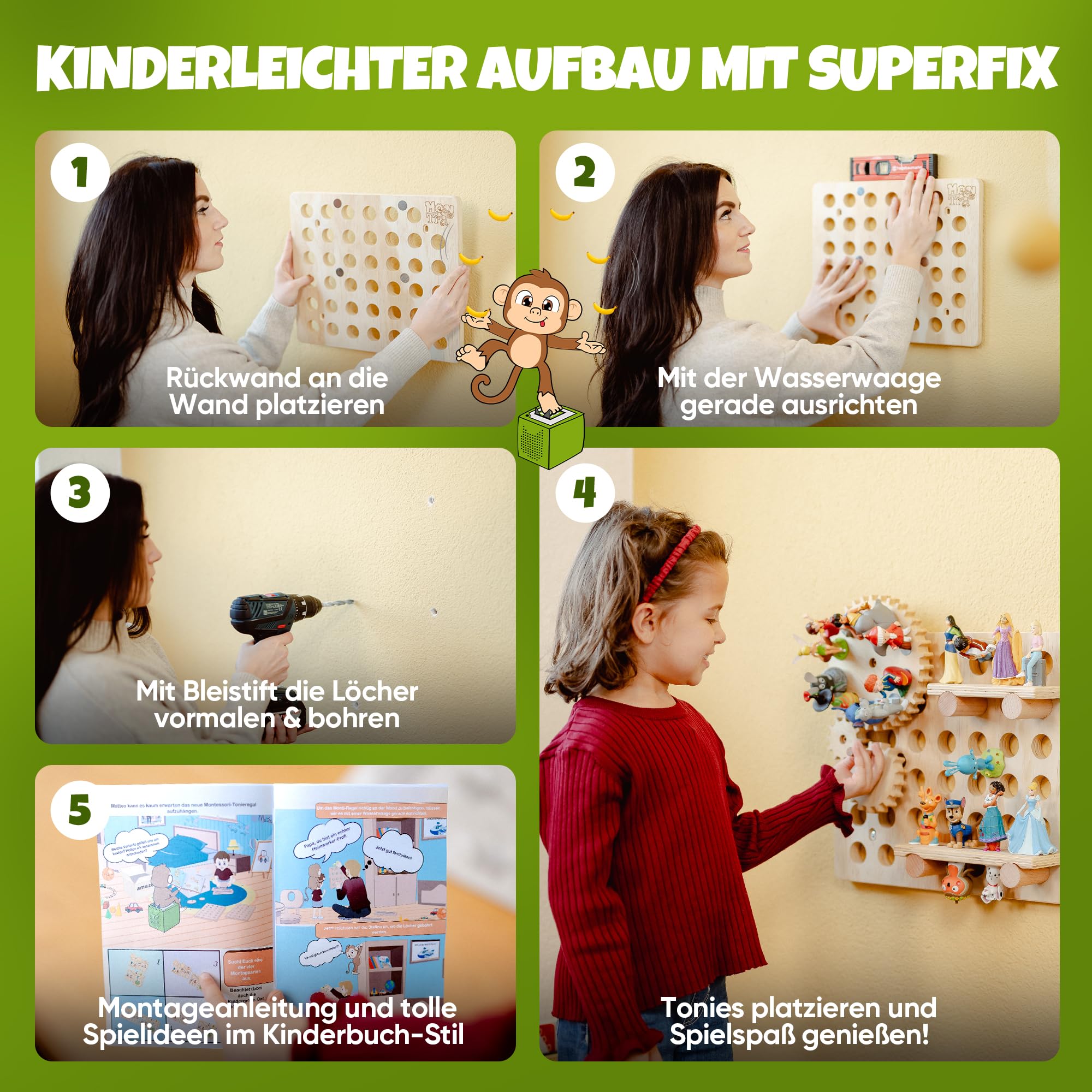 Monti Tonie Regal 1er Set für Tonies + Toniebox [stabiles Montessori Spielzeug] L für 40 Toniefiguren + Box für Mädchen und Jungen [TESTSIEGER] Tonieregal zur Aufbewahrung Starterset